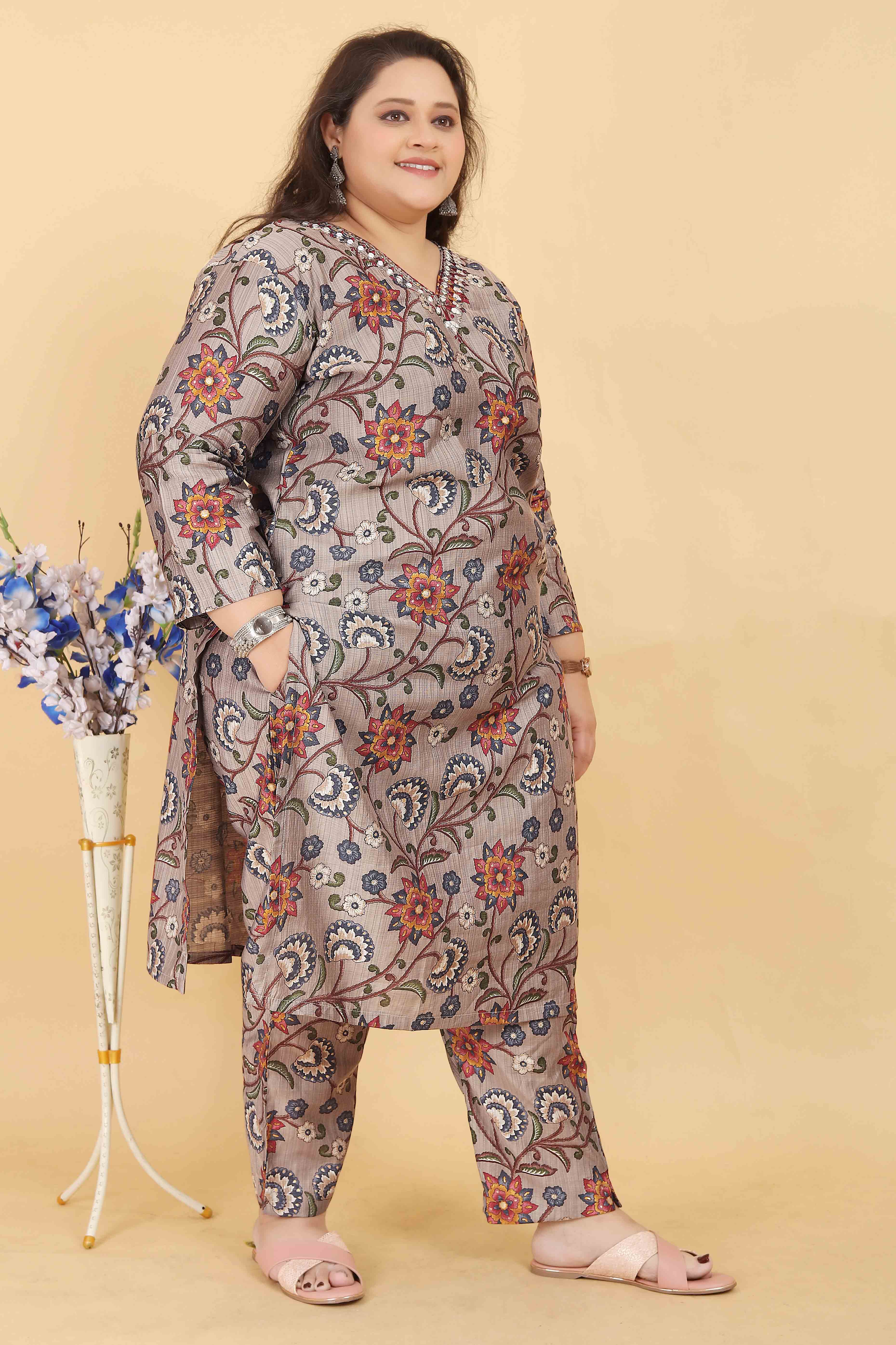 Grey Floral Foil Printed With Mirror Handwork Viscose Salwar Suit