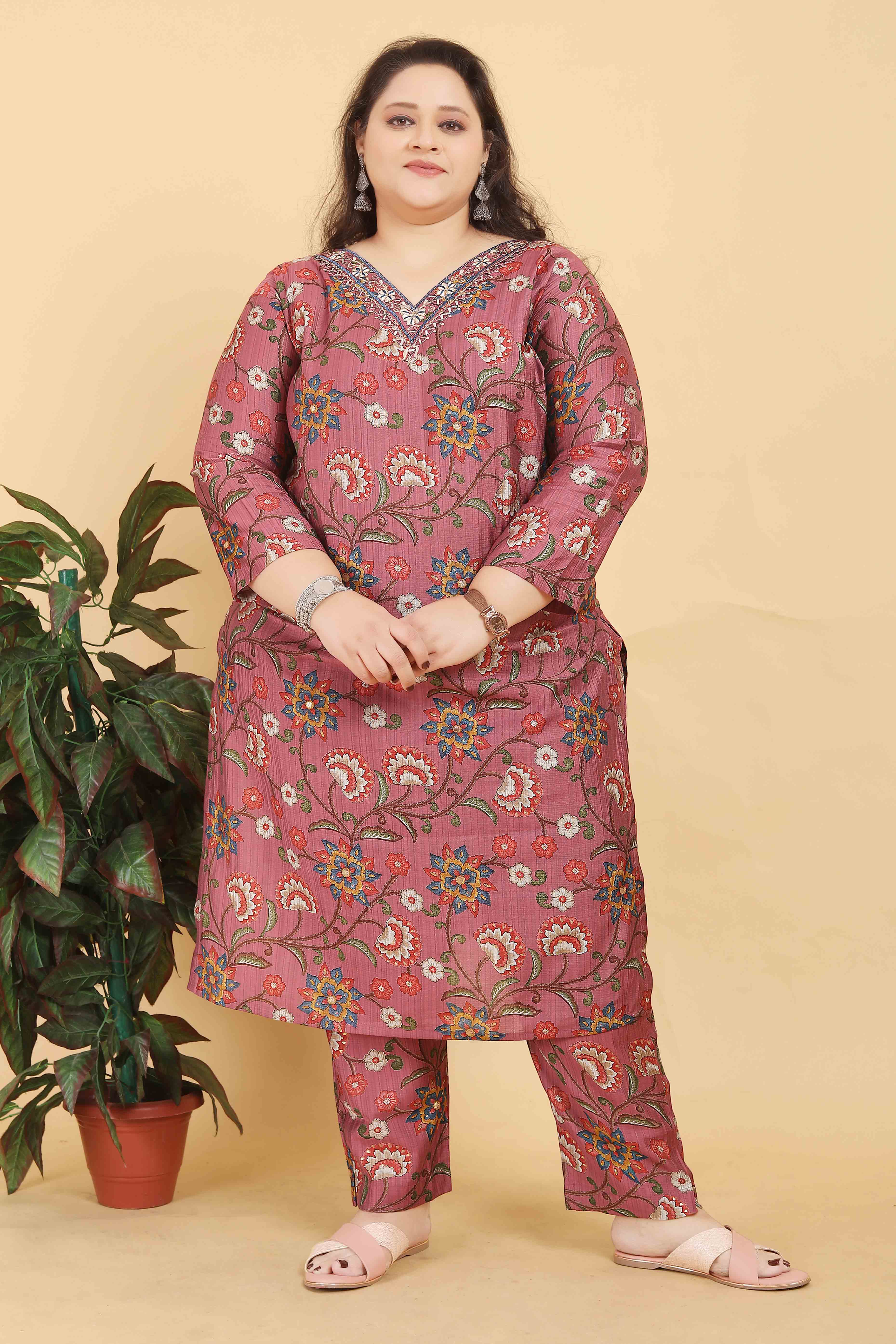 Onion Pink Floral Foil Printed With Mirror Handwork Viscose Salwar Suit