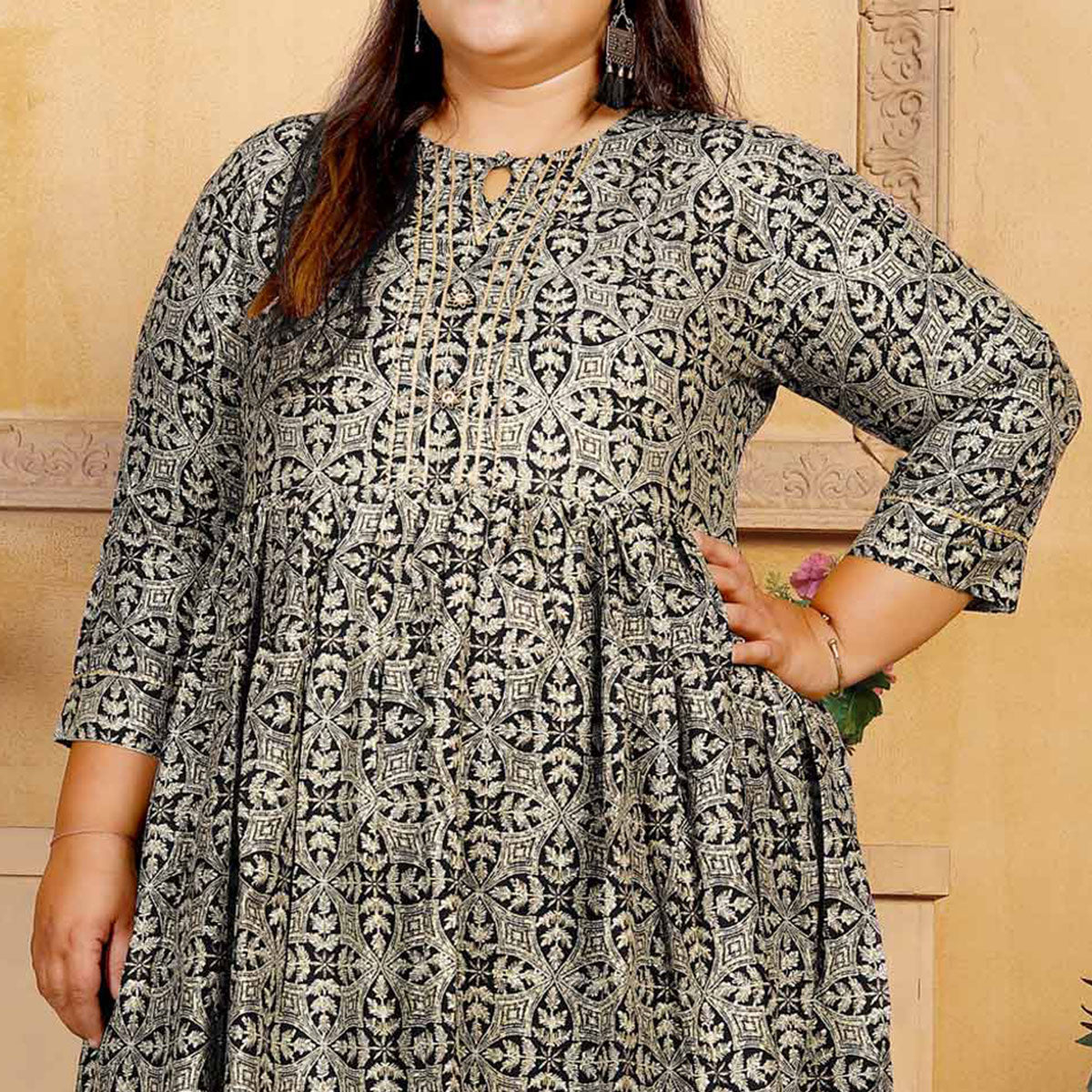 Black Floral Printed Rayon Long Kurti