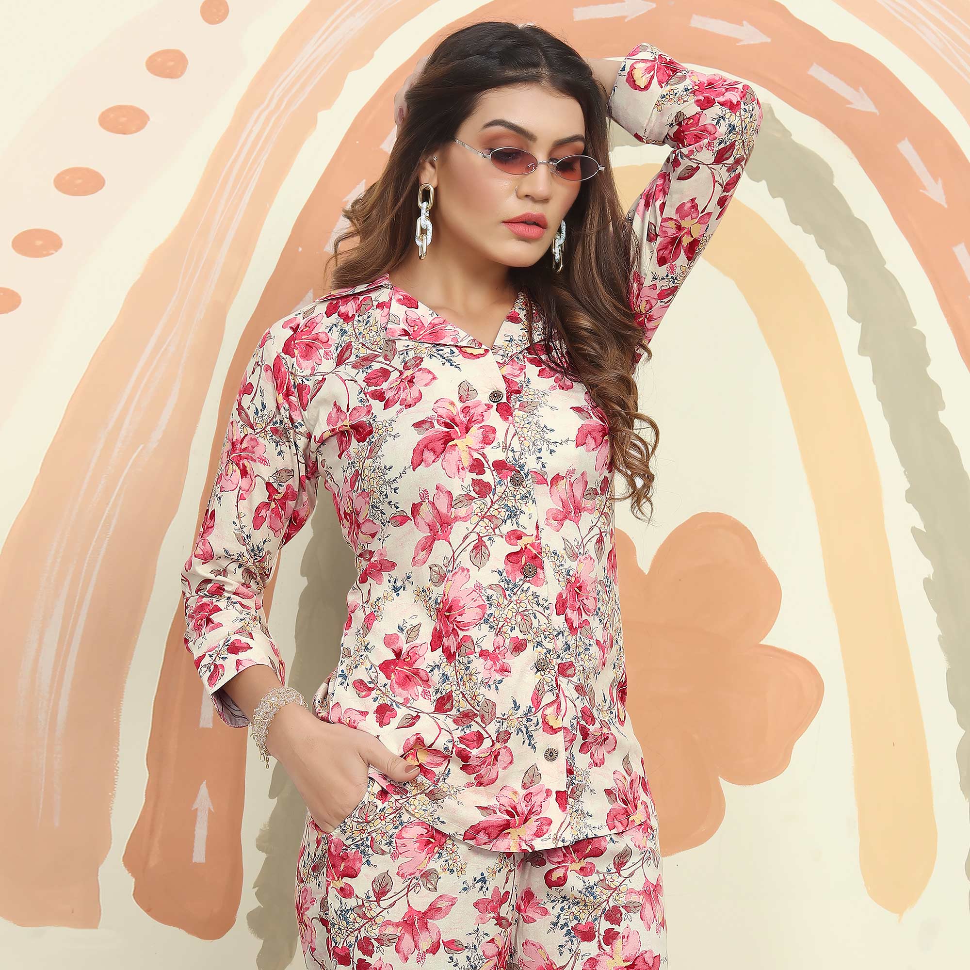 Pink Floral Printed Rayon Co Ord Set