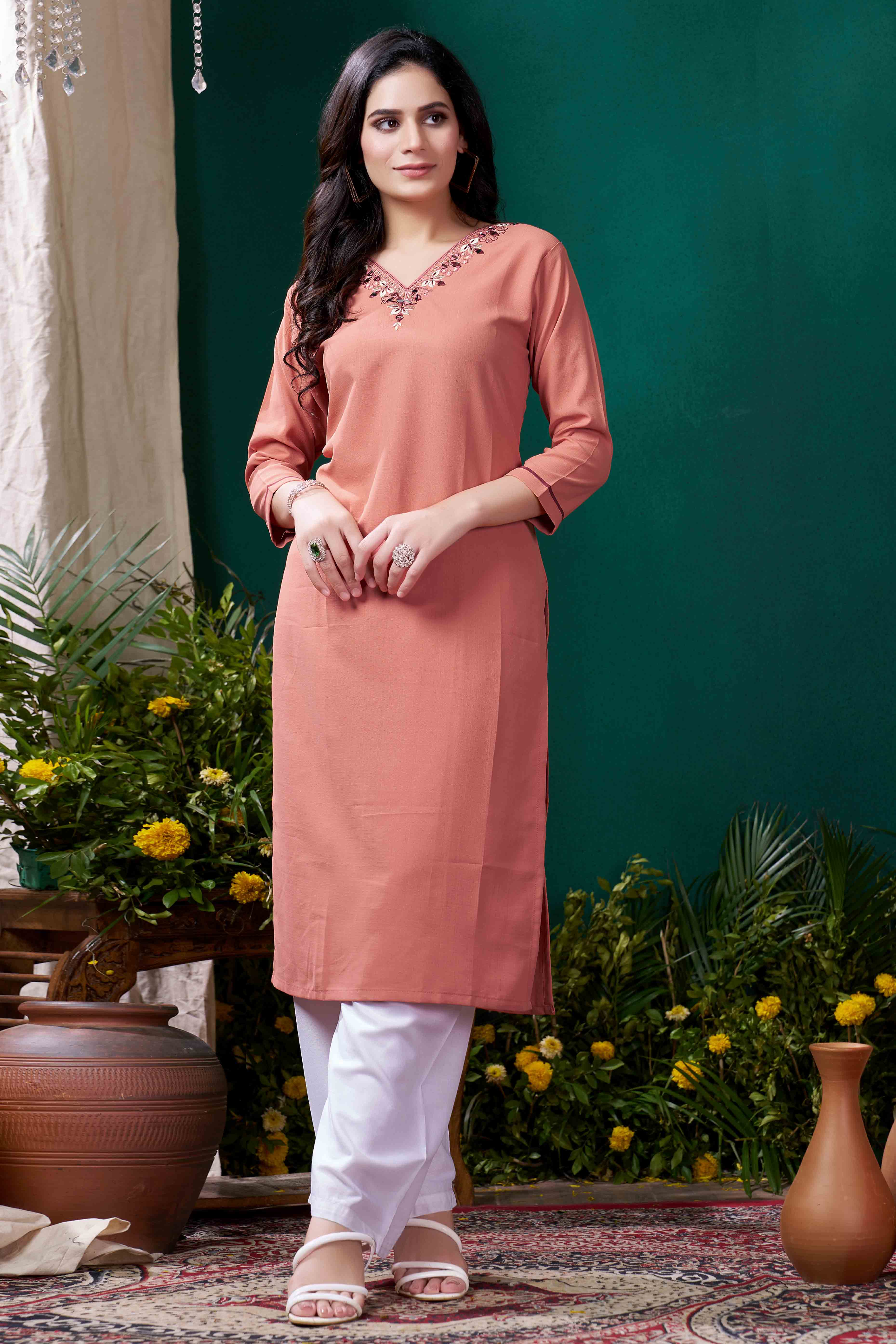 Peach Yoke Embroidered Pure Cotton Straight Kurti