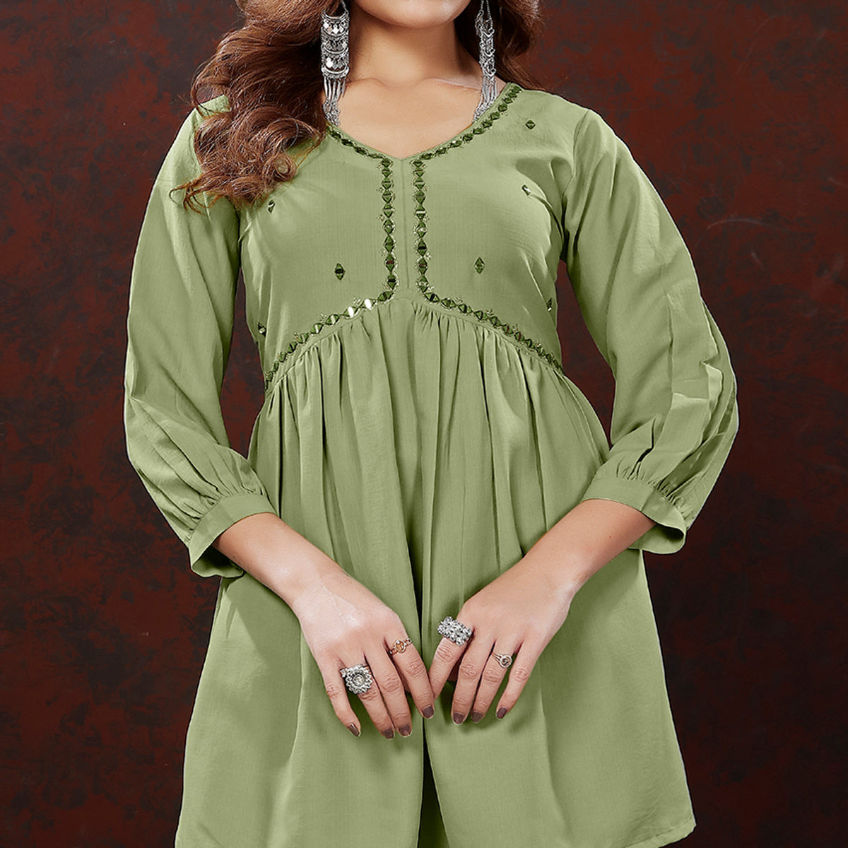 Green Embroidered Cotton Blend Co Ord Set