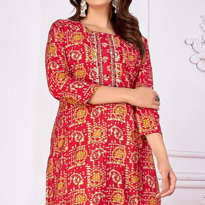 Red Foil Printed Viscose Straight Kurti Sets