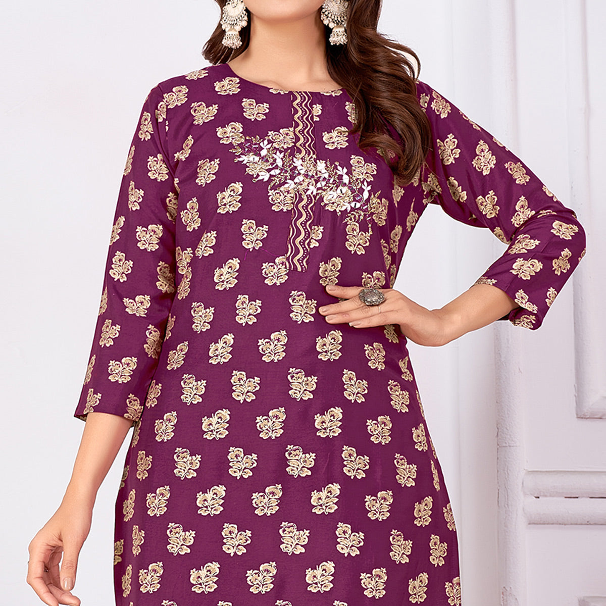 Purple Foil Printed Viscose Straight Kurti Sets