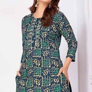 Navy Blue Foil Printed Viscose Straight Kurti Sets