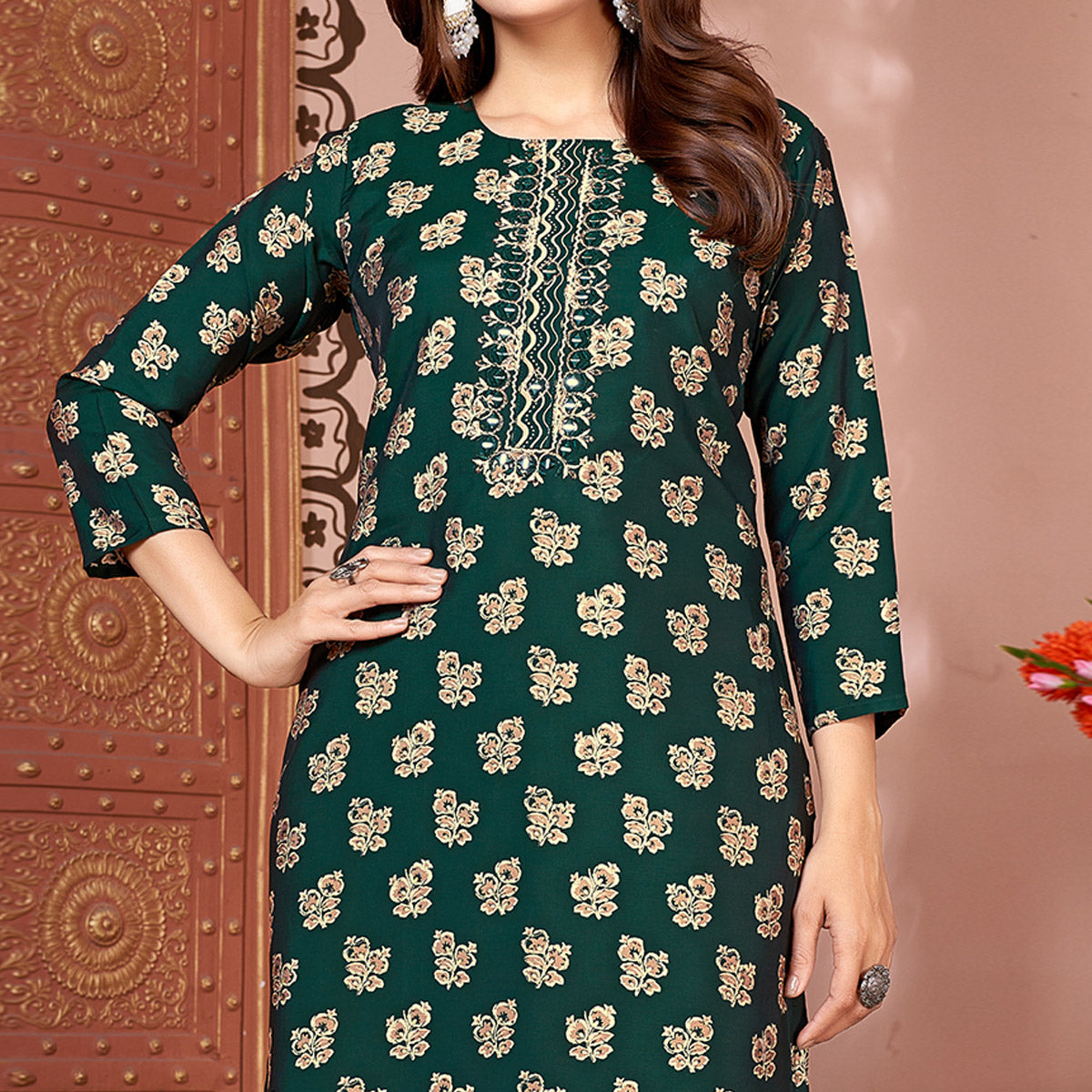 Green Foil Printed Viscose Straight Kurti Sets