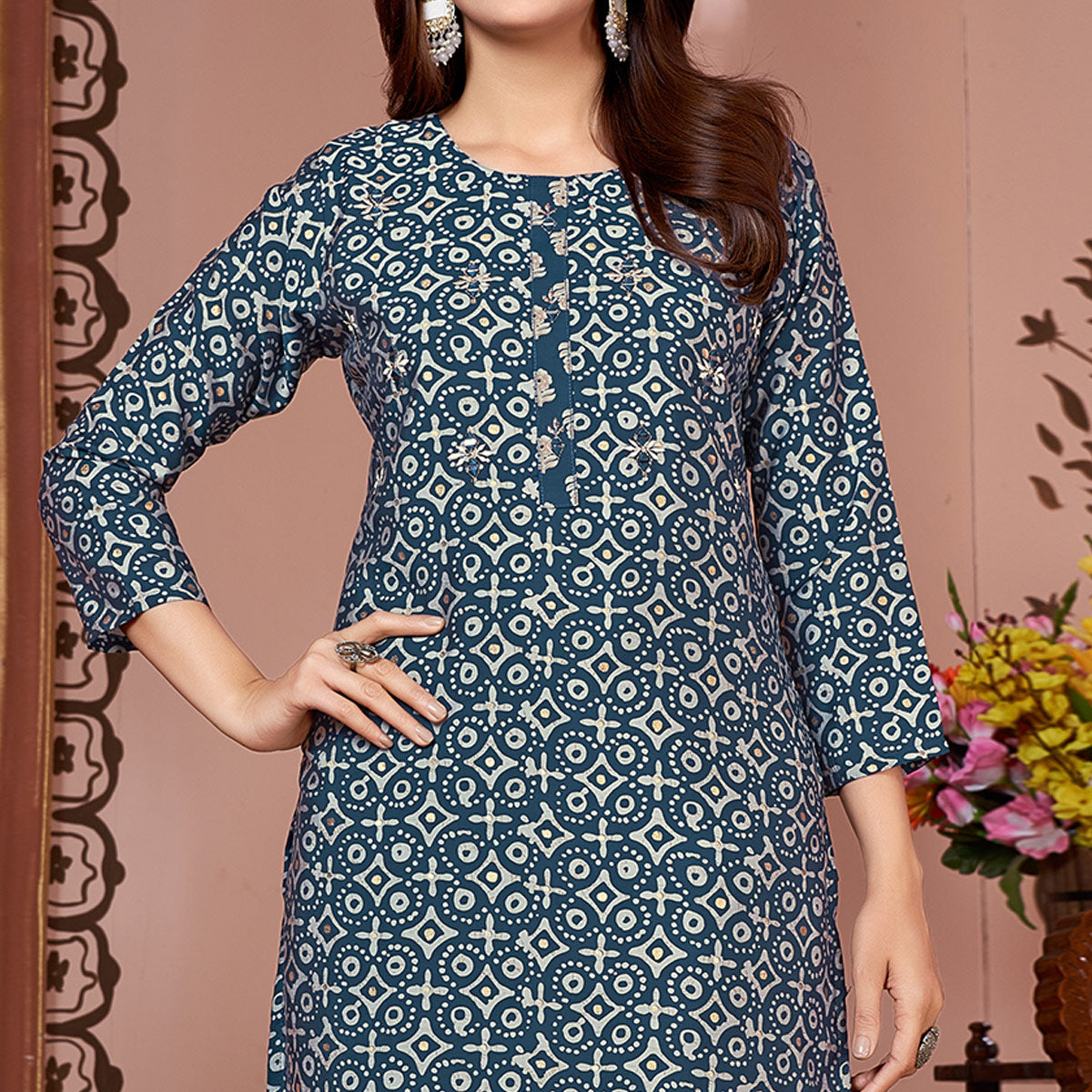 Morpich Blue Foil Printed Viscose Straight Kurti Sets