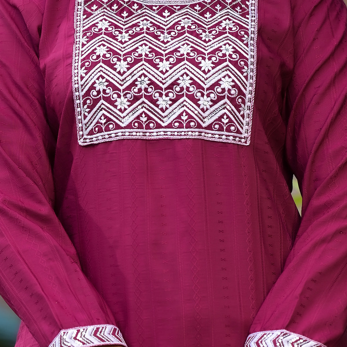 Wine Embroidered Pure Cotton Straight Salwar Suit