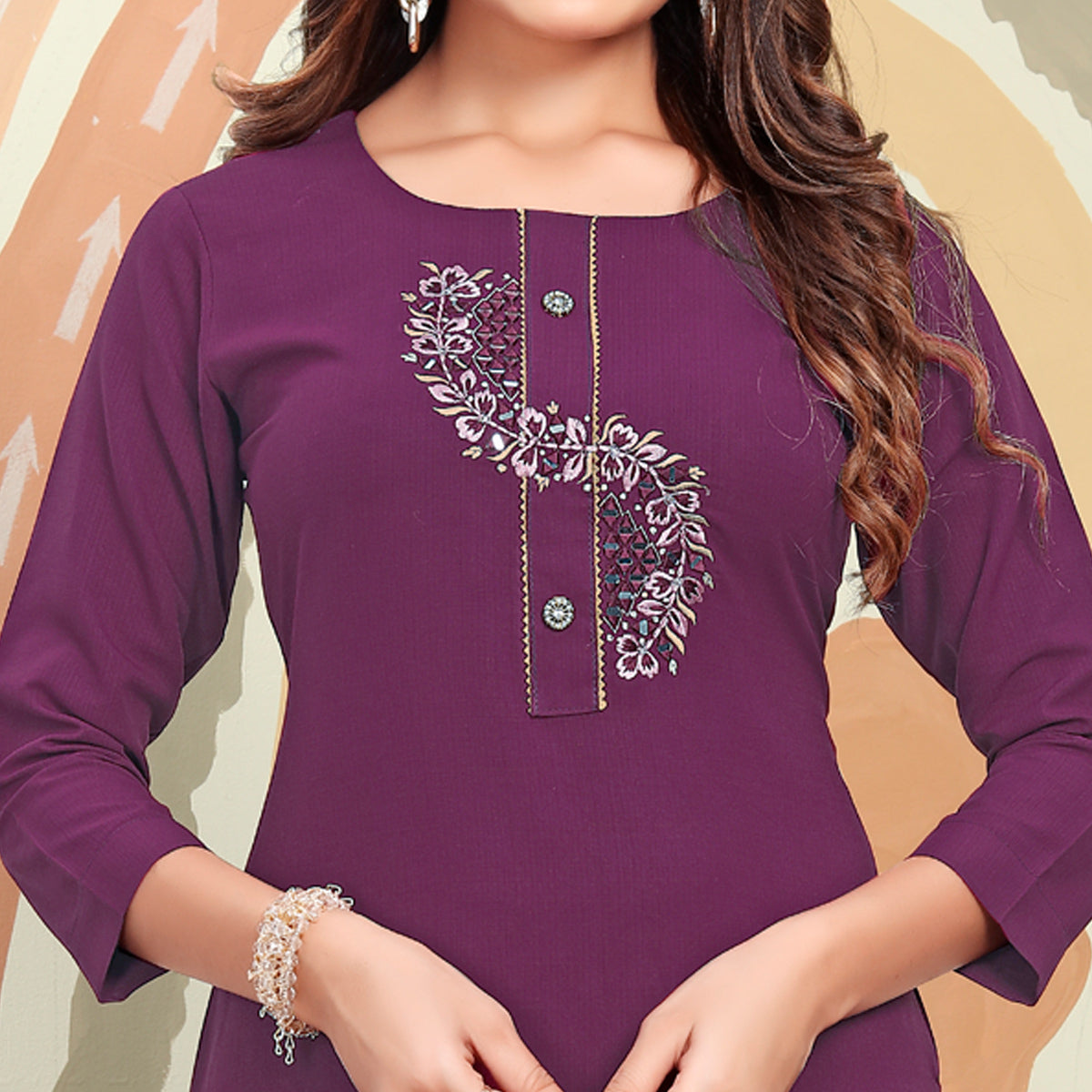 Purple Mirror Embroidered Cotton Blend Kurti