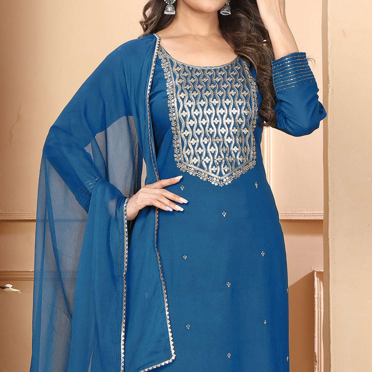 Blue Sequins Embroidered Rayon Straight Salwar Suit