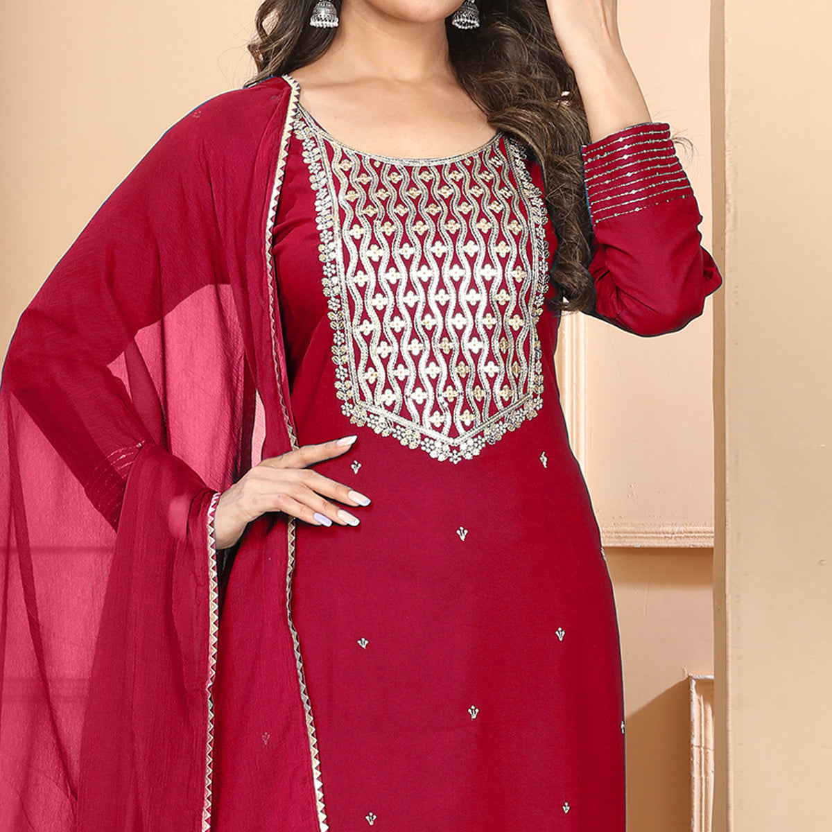Maroon Sequins Embroidered Rayon Straight Salwar Suit