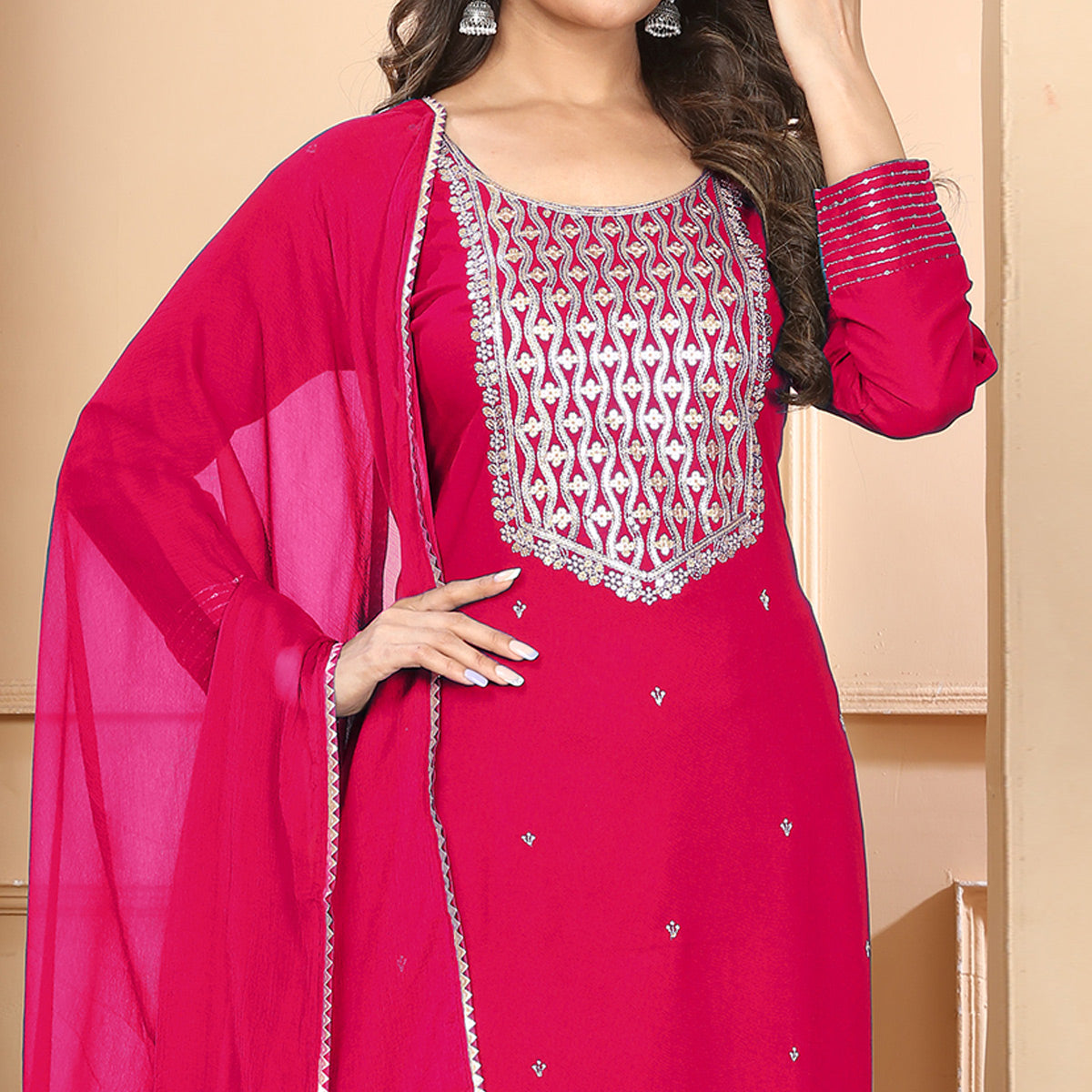 Pink Sequins Embroidered Rayon Straight Salwar Suit
