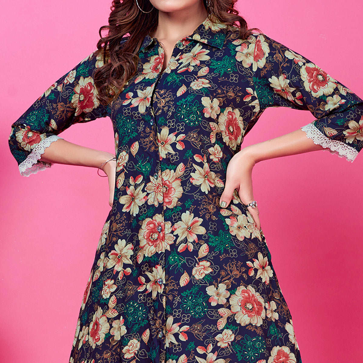 Blue Floral Foil Printed Rayon Co-Ord Set