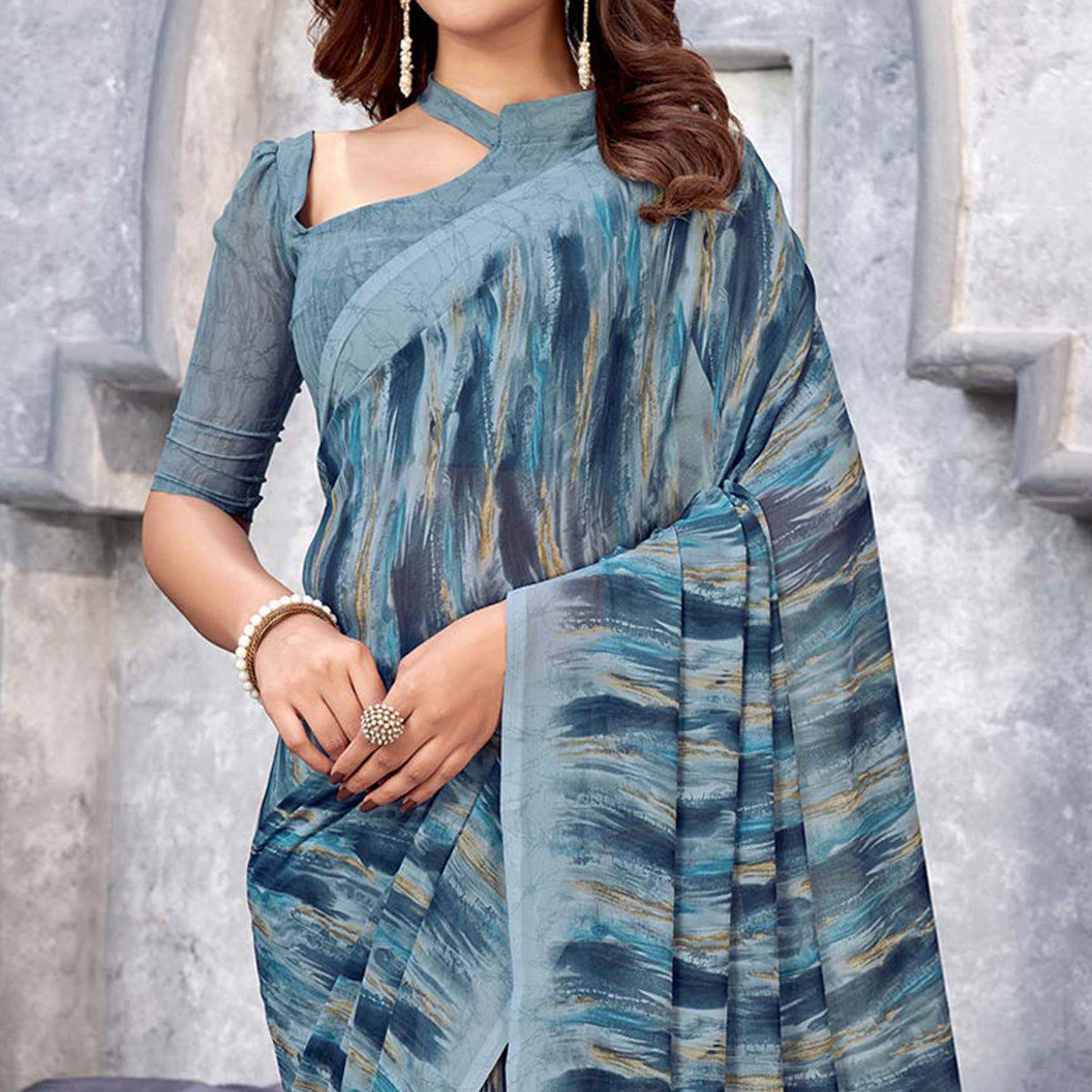 Grey Printed Georgette Saree