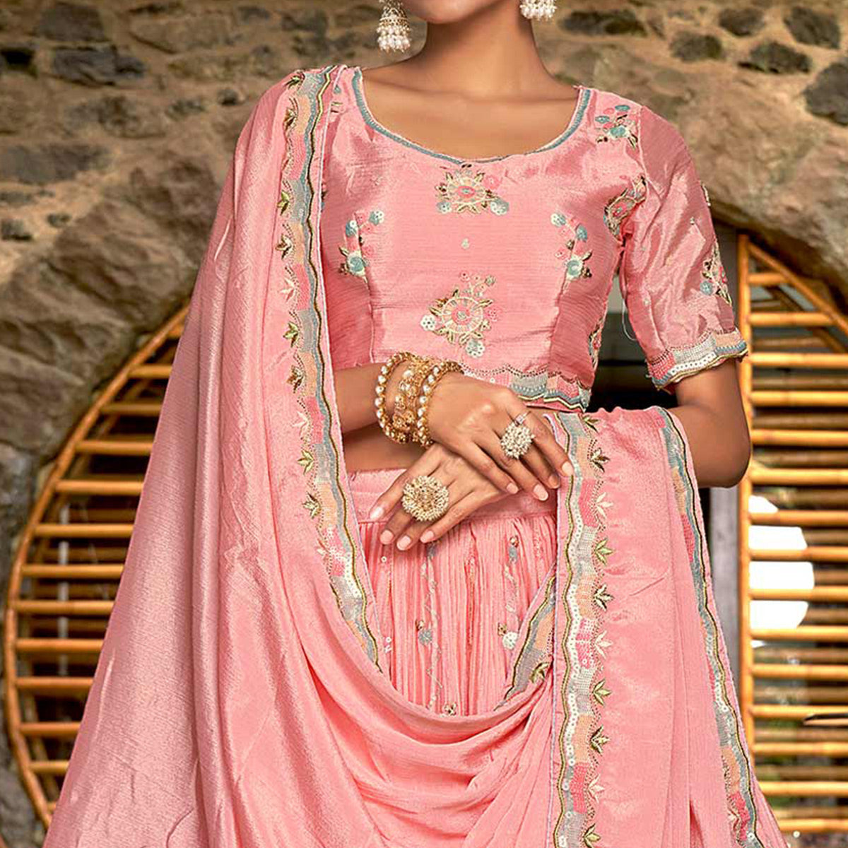 Pink Sequins Floral Embroidered Chiffon Lehenga Choli
