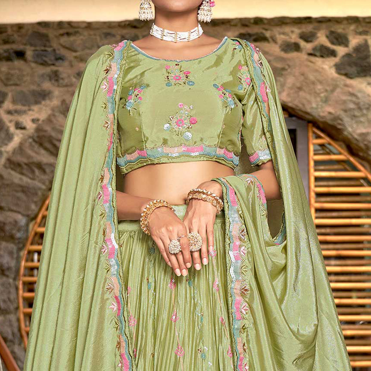 Pista Green Sequins Floral Embroidered Chiffon Lehenga Choli