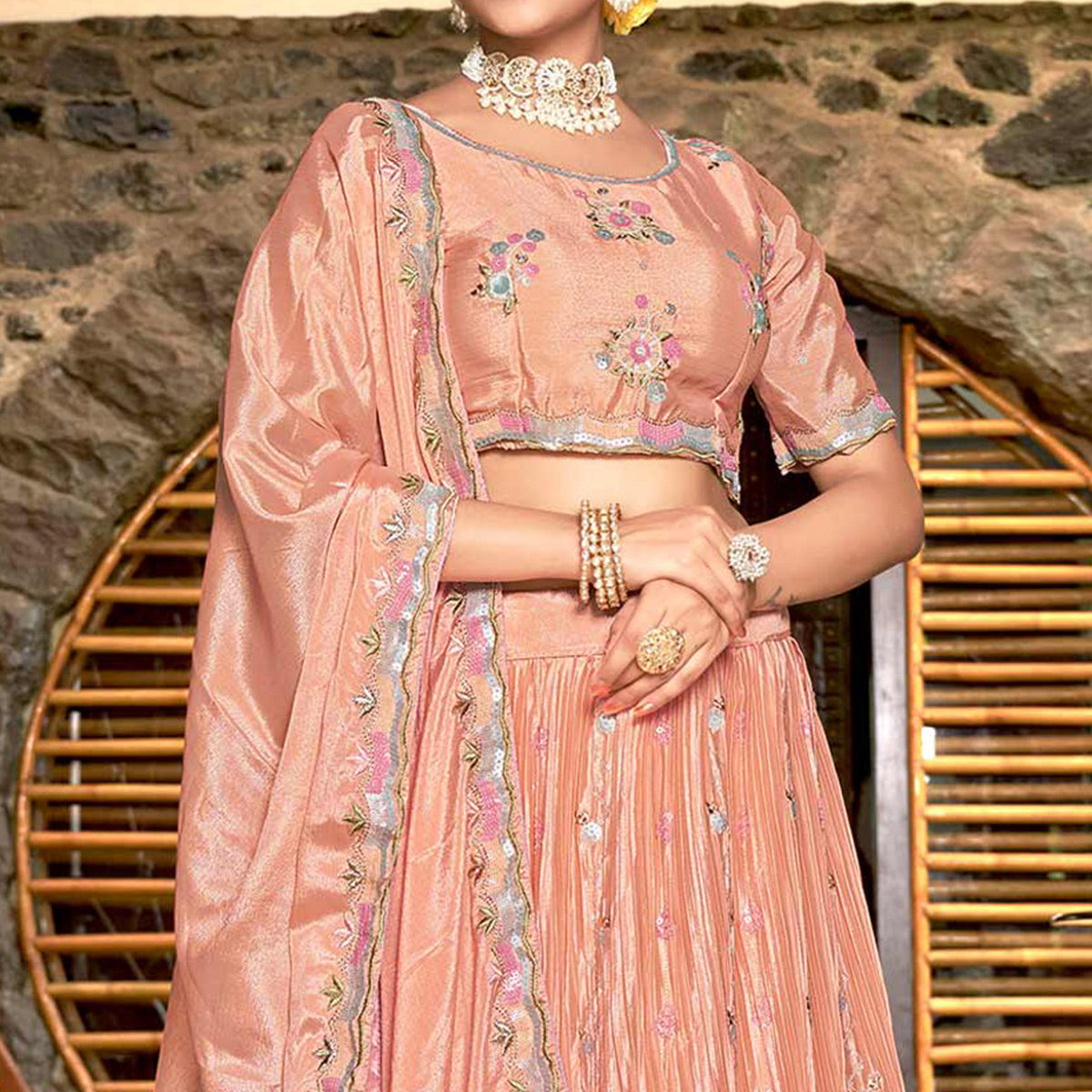 Peach Sequins Floral Embroidered Chiffon Lehenga Choli