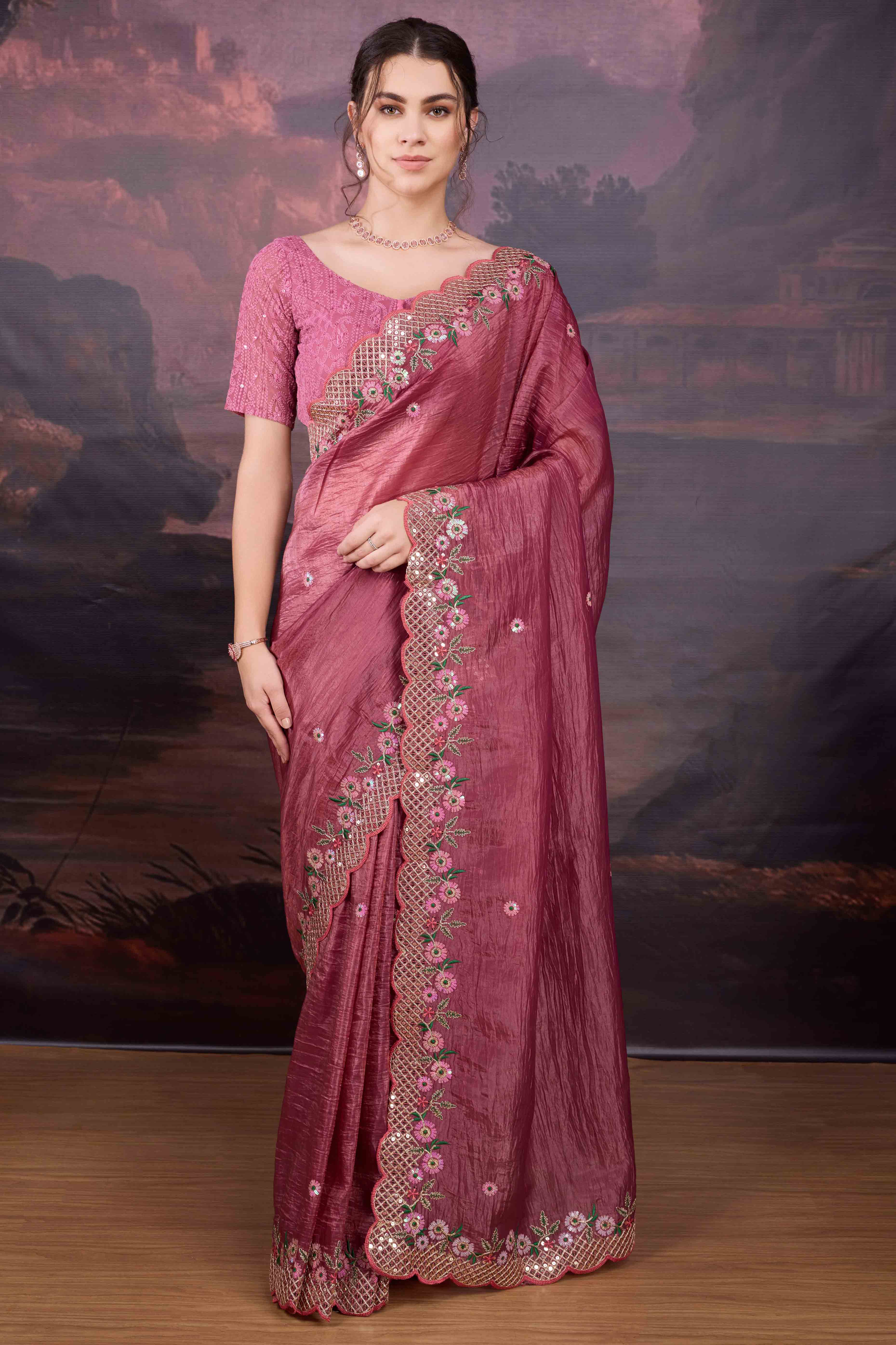 Mauve Floral Design Art Silk Saree with Glittering Sequins Embroidery