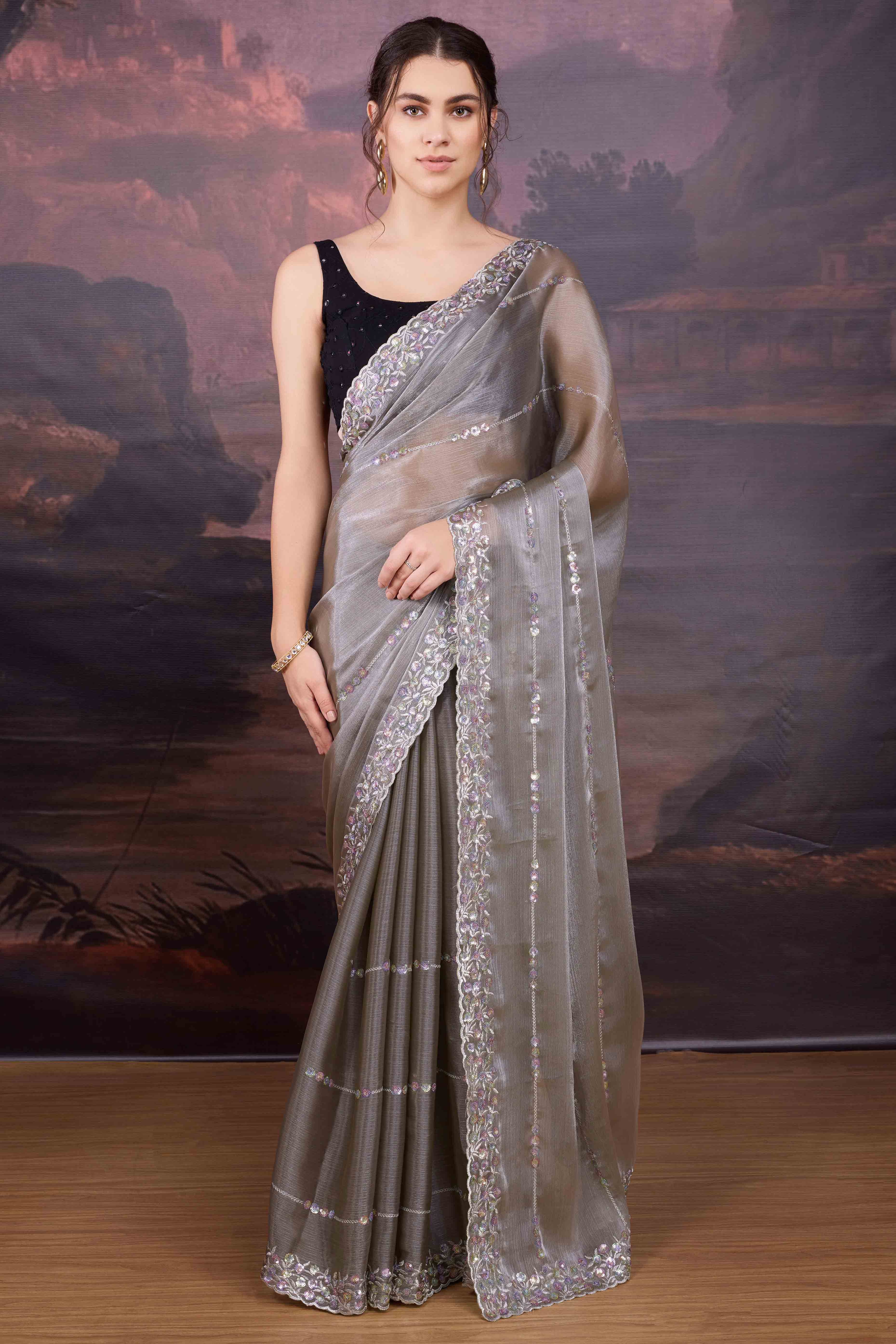Grey Organza Saree Enhanced with Elegant Sequins Embellishments