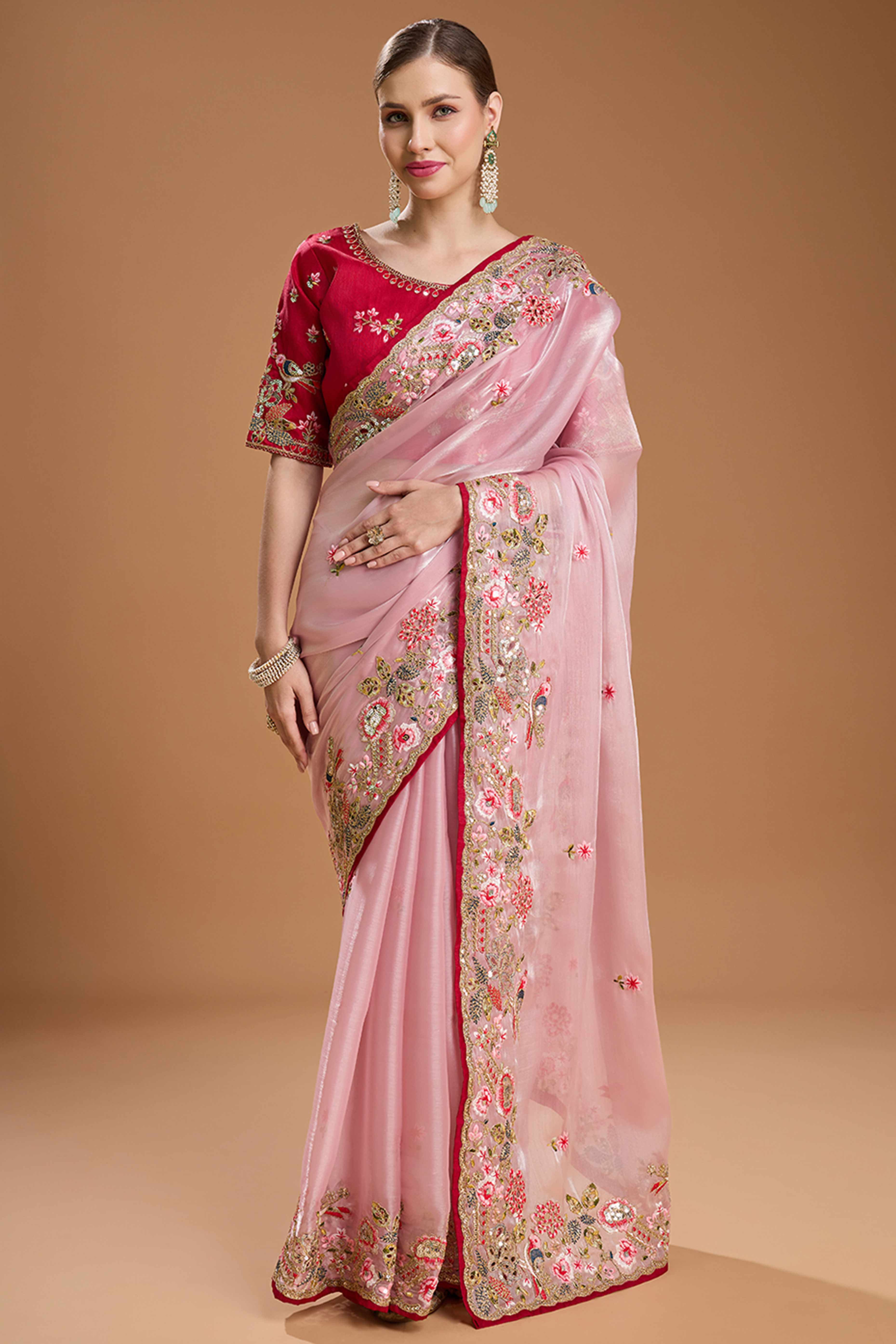 Light Peach Floral Design Organza Saree with Glittering Sequins Embroidery
