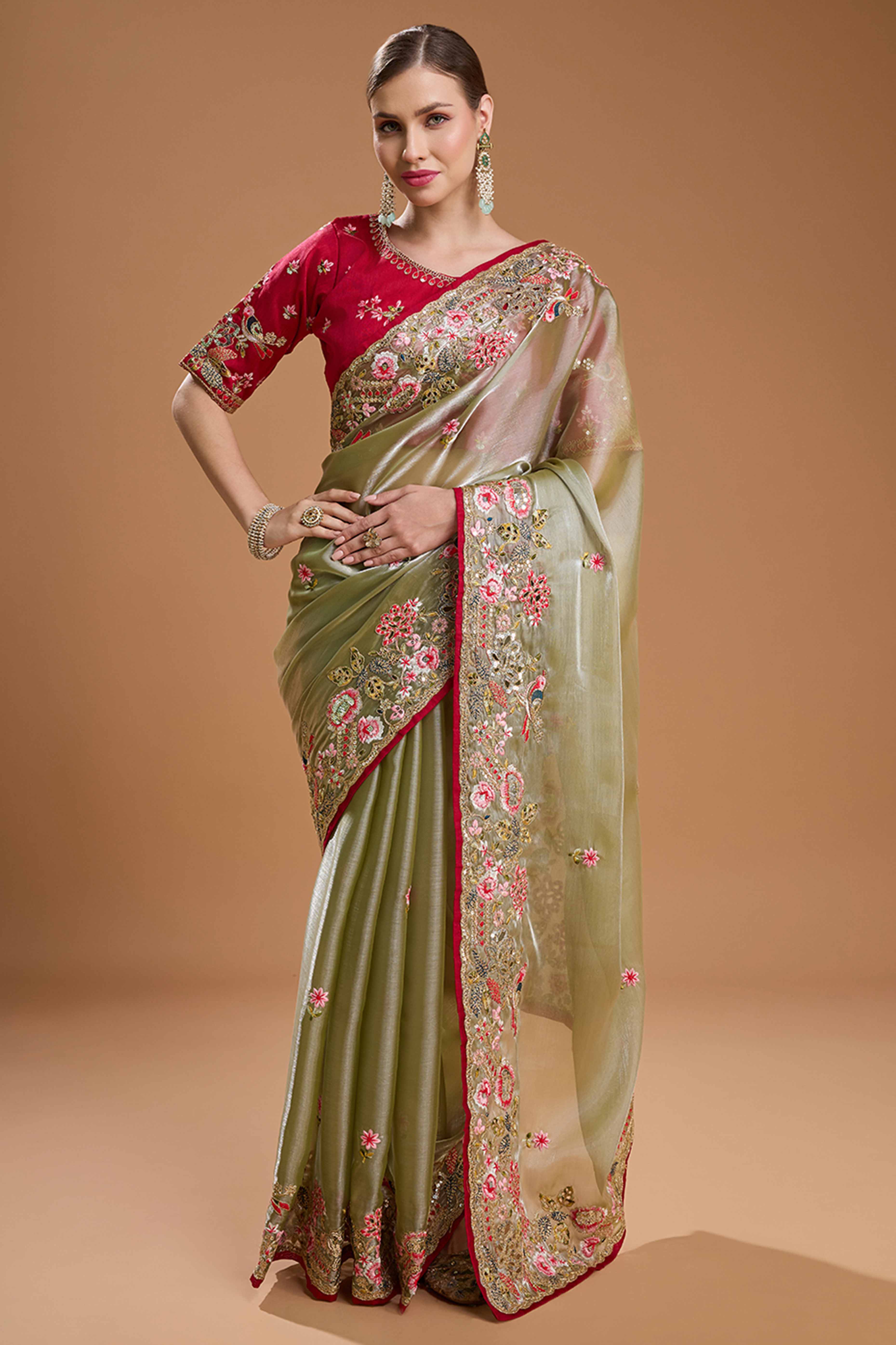 Green Floral Design Organza Saree with Glittering Sequins Embroidery