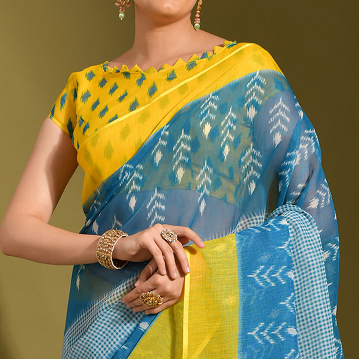 Blue & Yellow Digital Printed Linen Saree With Tassels