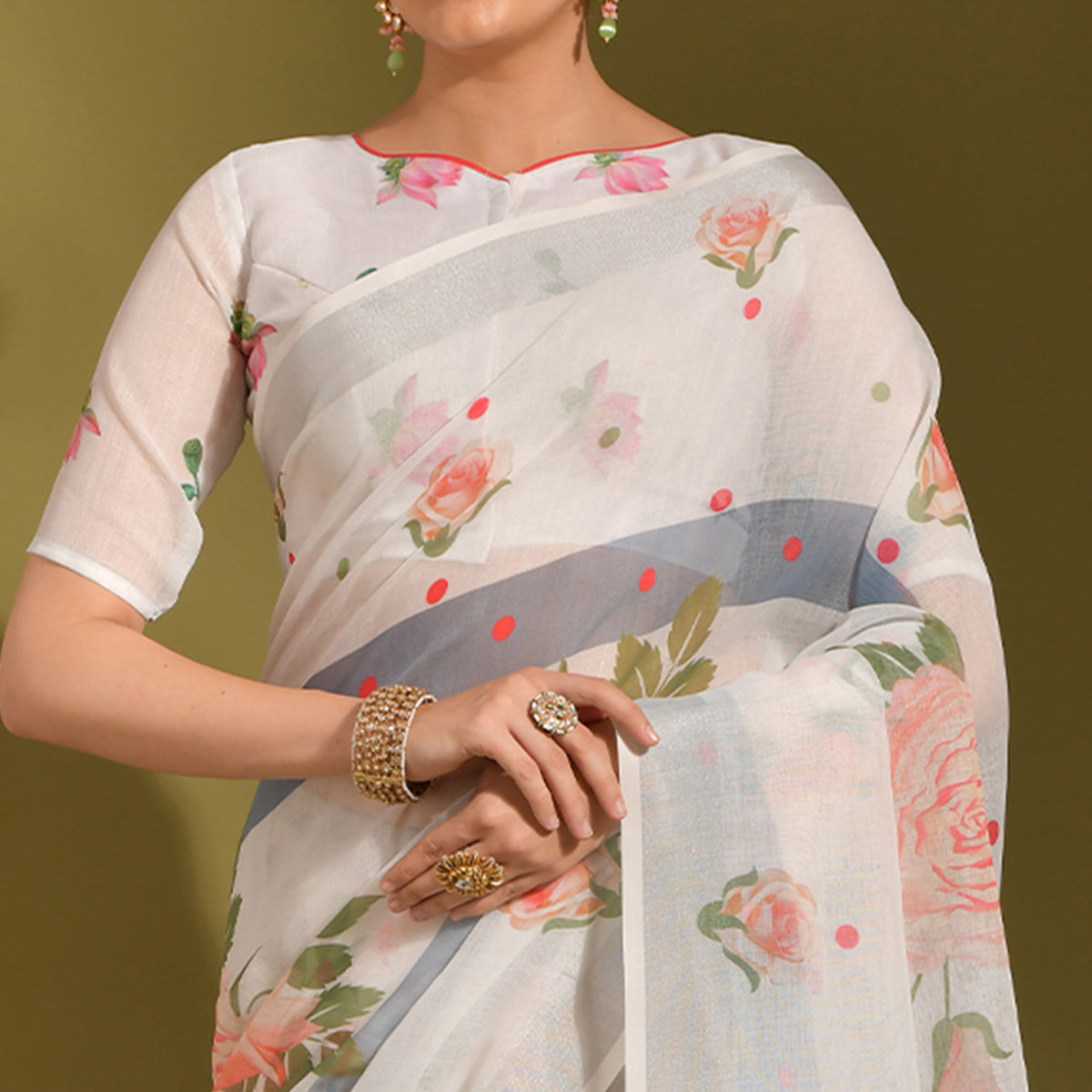 White Floral Digital Printed Linen Saree With Tassels