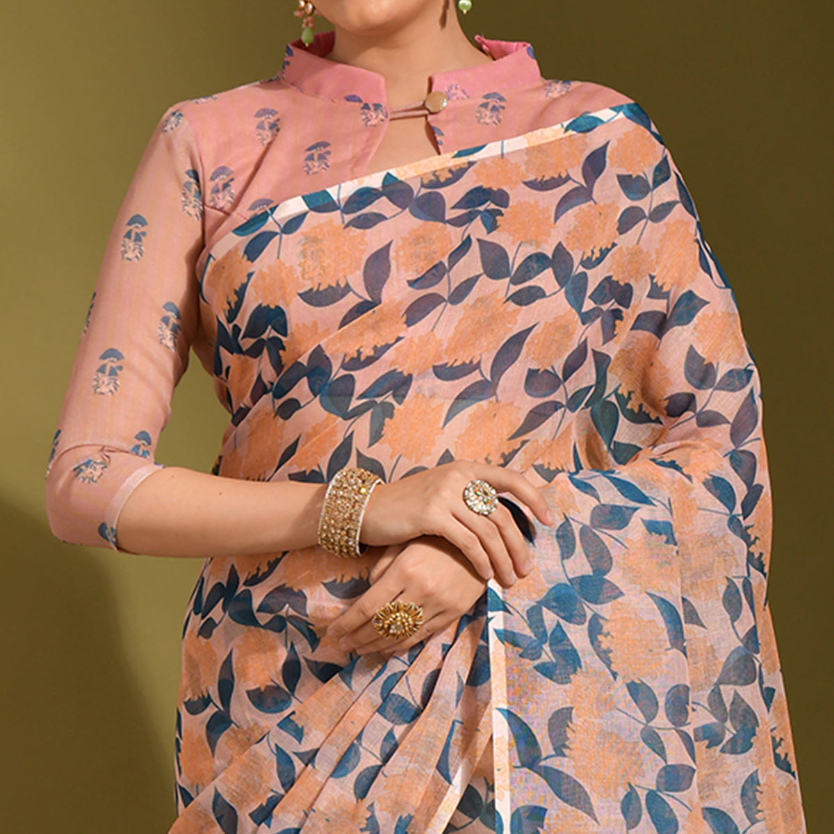 Peach Floral Digital Printed Linen Saree With Tassels