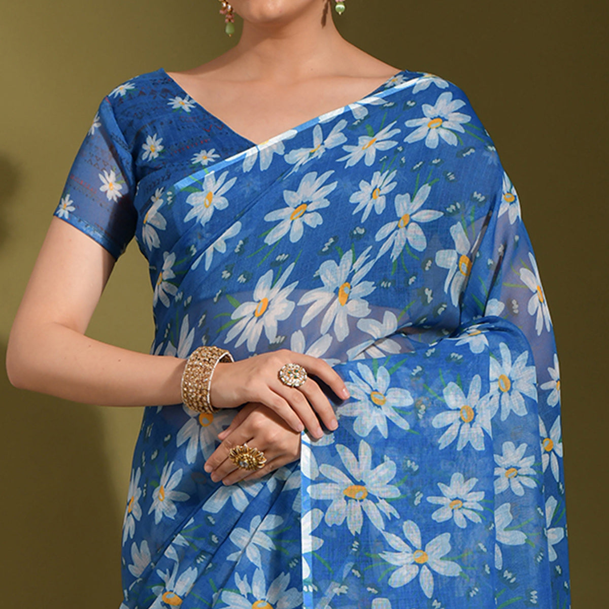 Blue Floral Digital Printed Linen Saree With Tassels