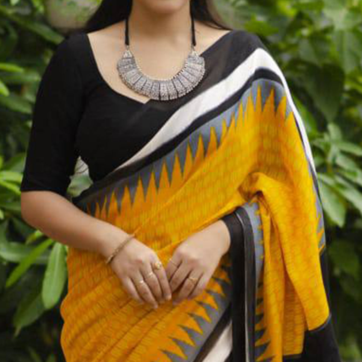 Yellow Digital Printed Linen Saree With Tassels