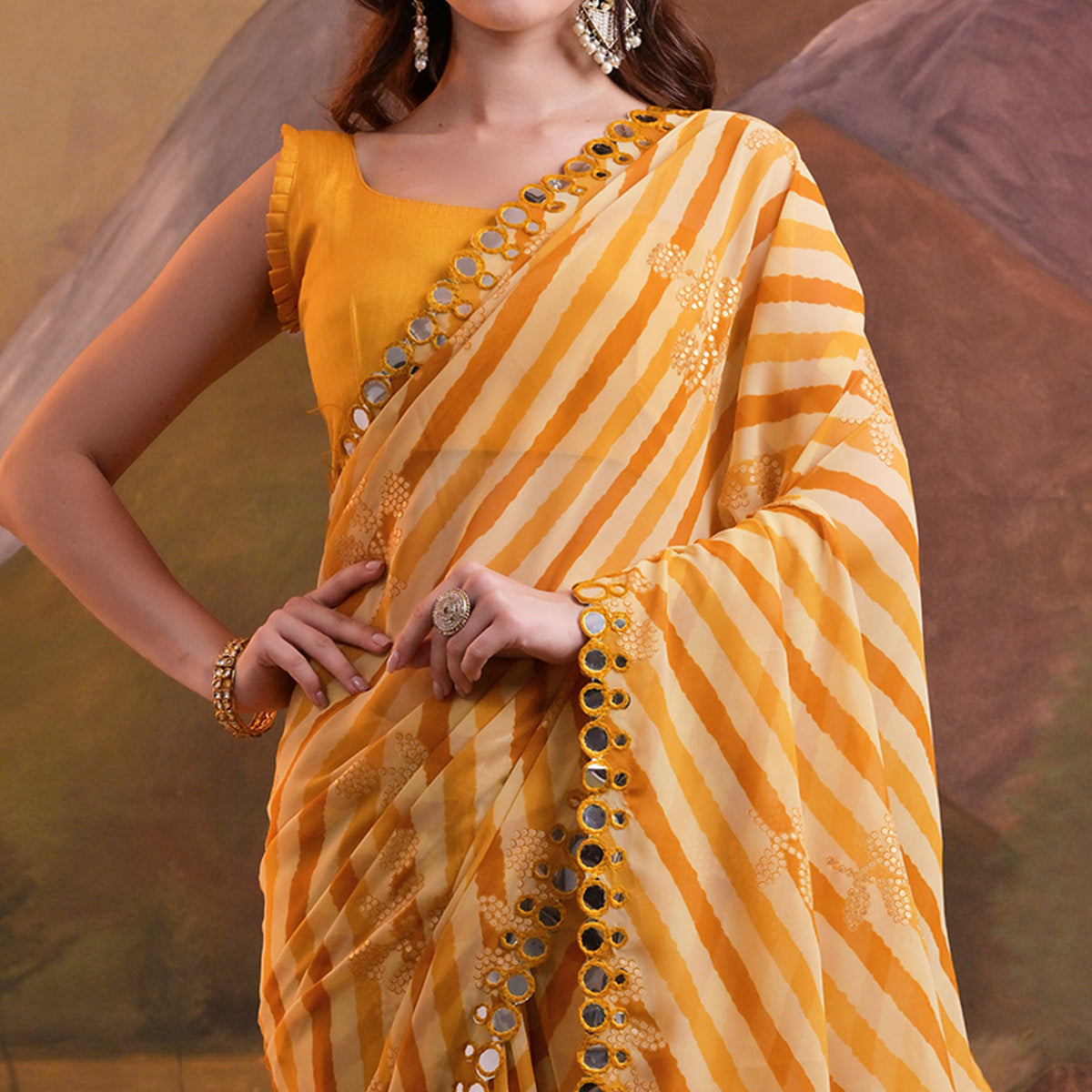 Yellow Leheriya With Floral Foil Printed Georgette Saree