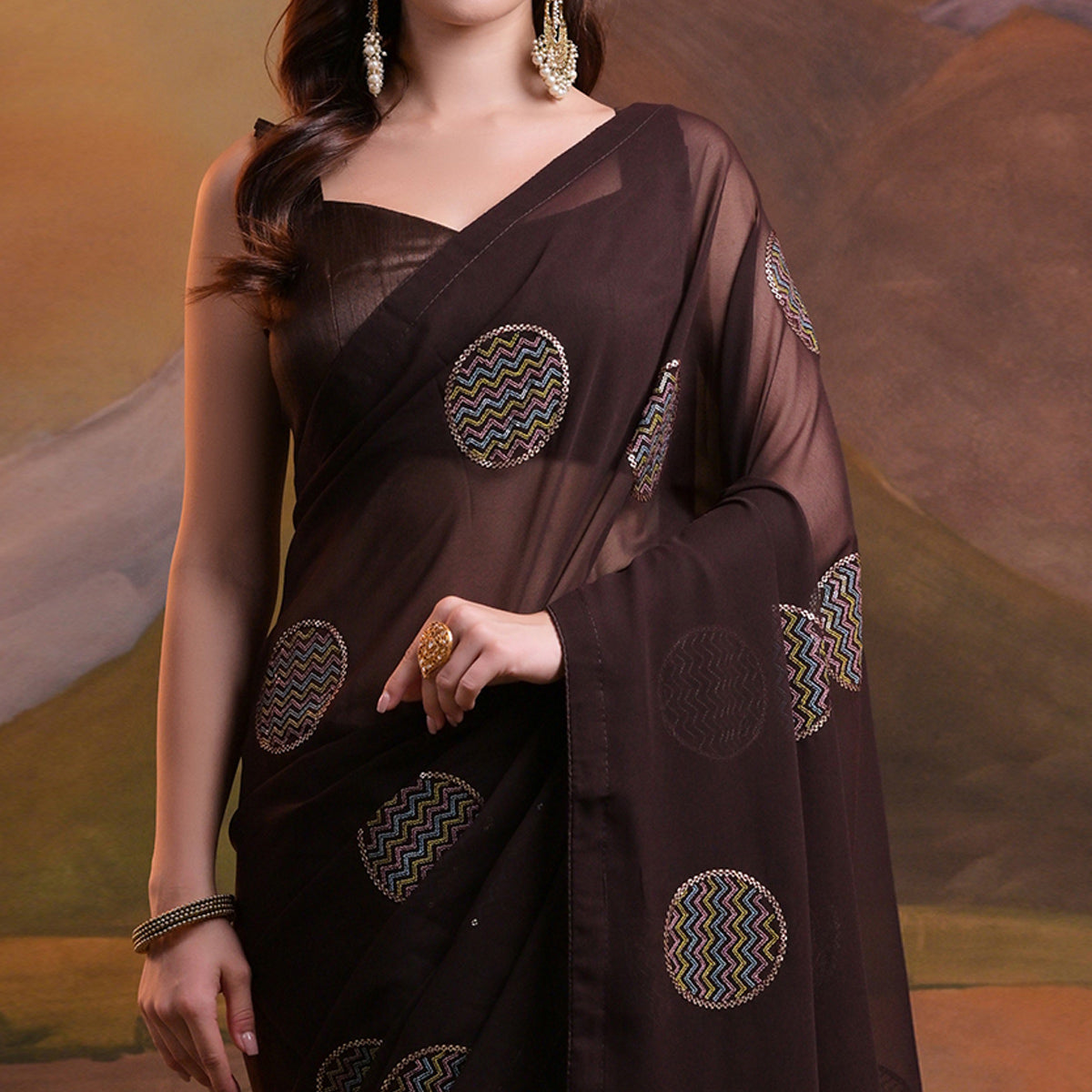Dark Brown Sequins Embroidered Georgette Saree