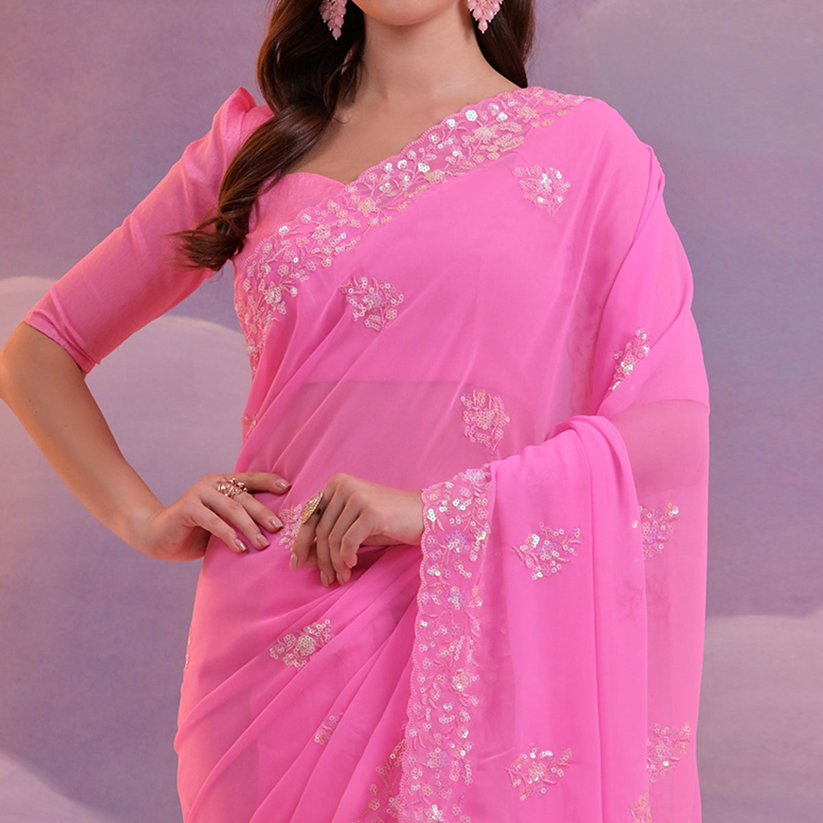 Pink Floral Sequins Embroidered Saree