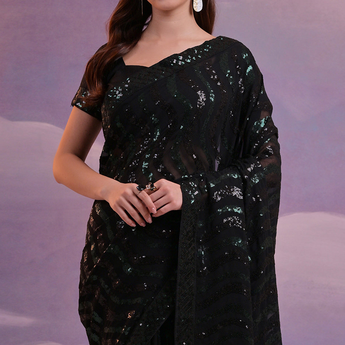 Black Sequins Embroidered Georgette Saree With Lace Border