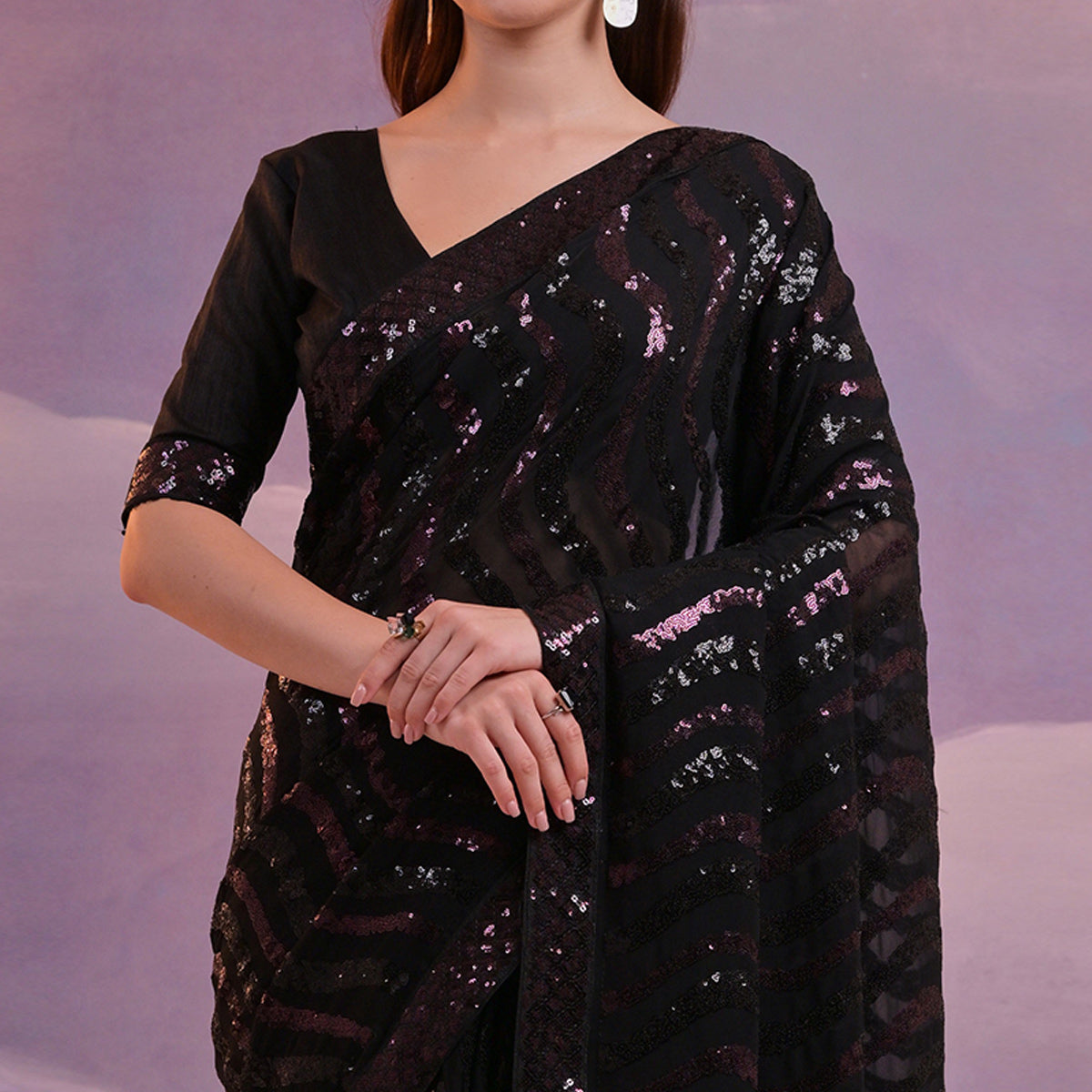 Black Sequins Embroidered Georgette Saree With Lace Border
