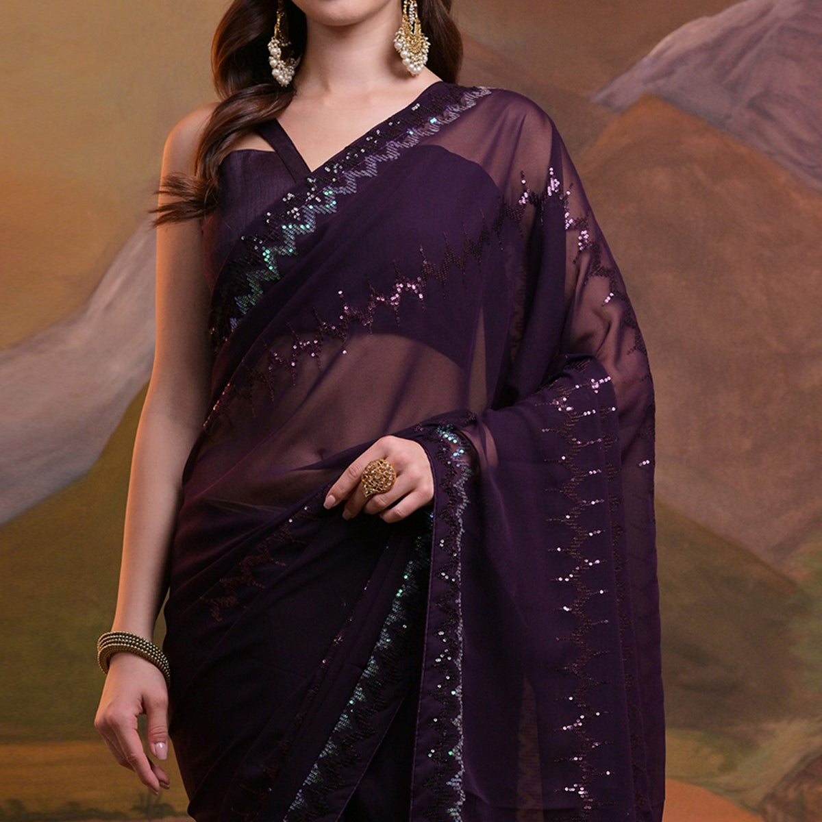 Purple Sequins Embroidered Georgette Saree
