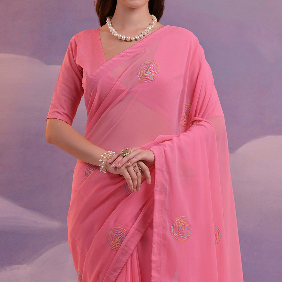 Pink Sequins Embroidered Georgette Saree