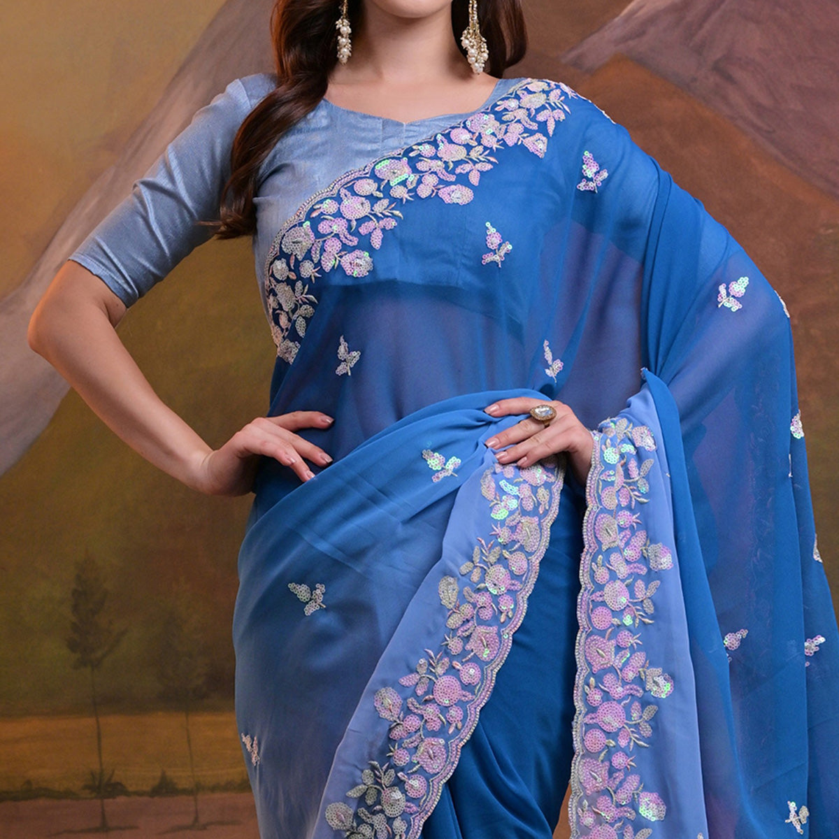 Blue Floral Sequins Embroidered Georgette Saree