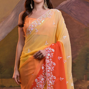 Yellow & Orange Floral Sequins Embroidered Georgette Saree