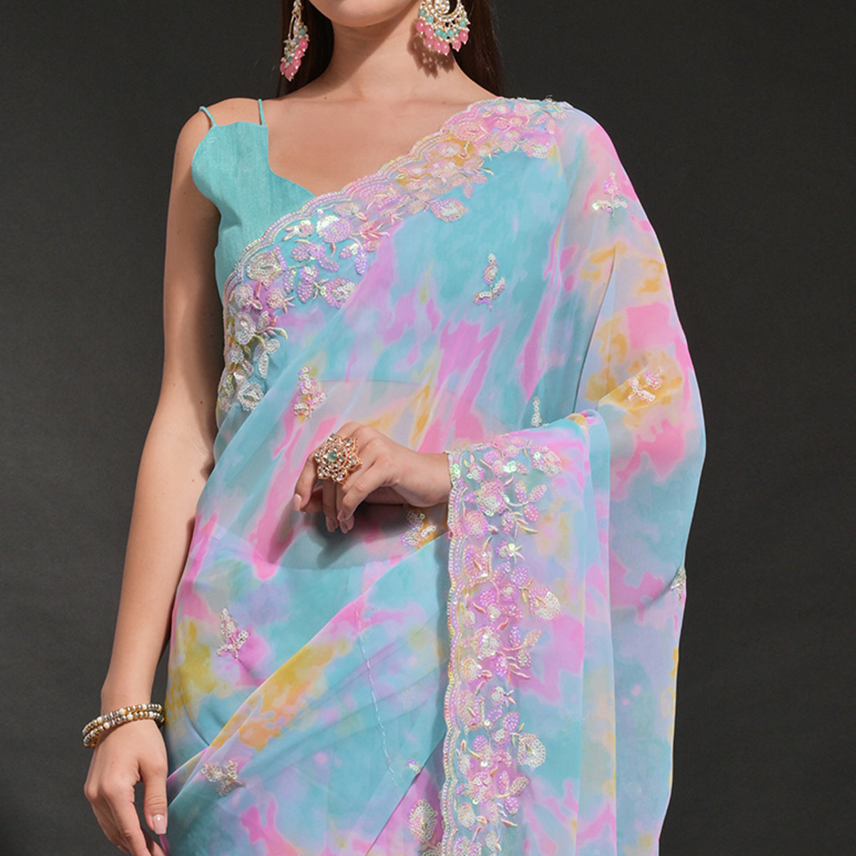 Blue Sequins Embroidered With Printed Georgette Saree