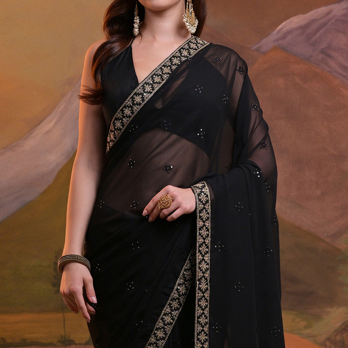 Black Butti Sequins Embroidered Georgette Saree