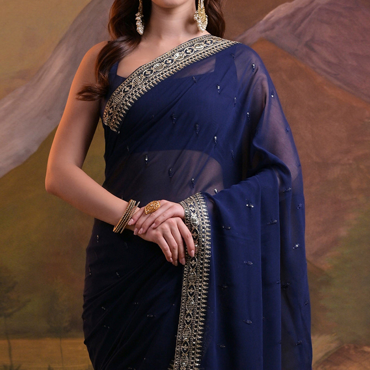 Blue Butti Sequins Embroidered Georgette Saree