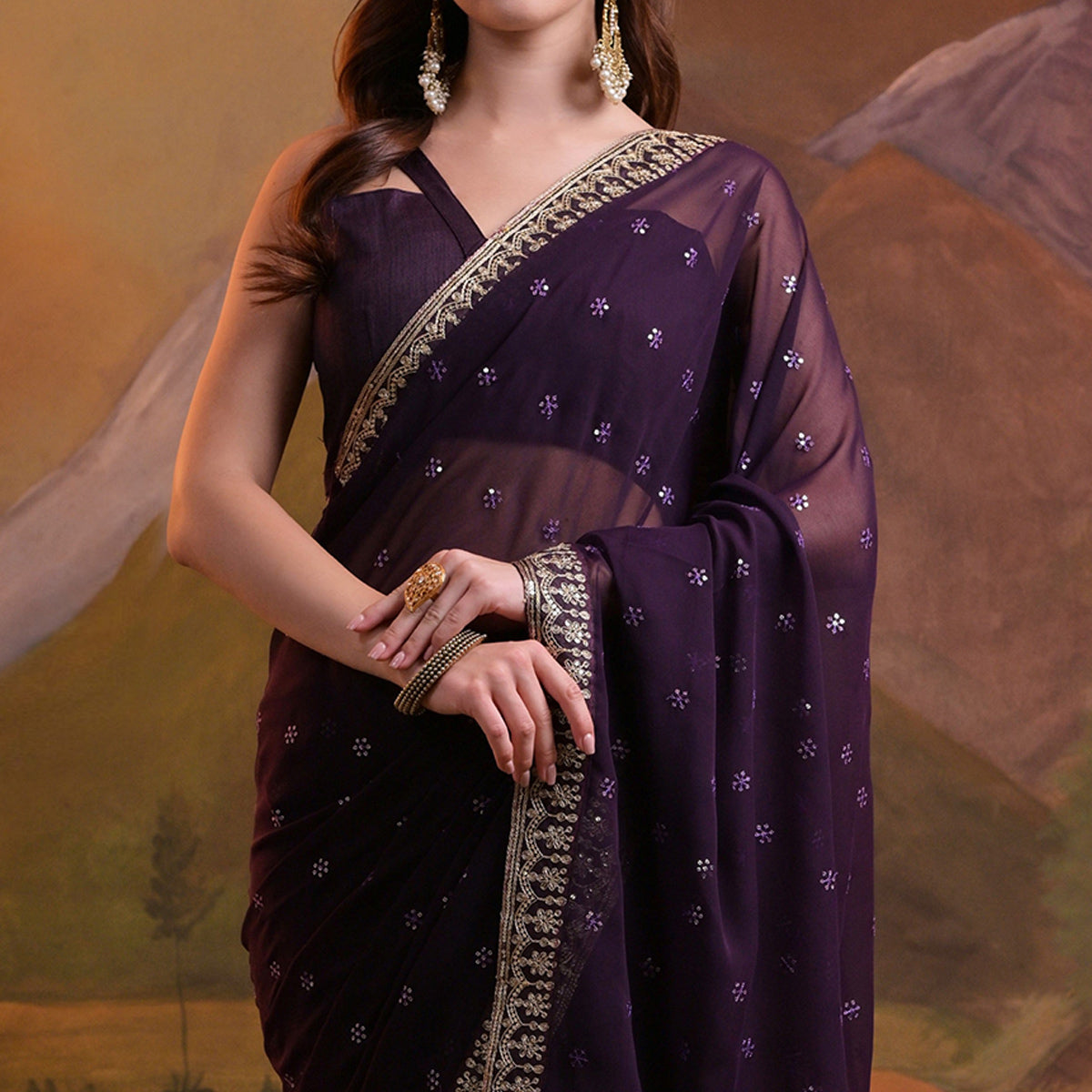 Purple Butti Sequins Embroidered Georgette Saree