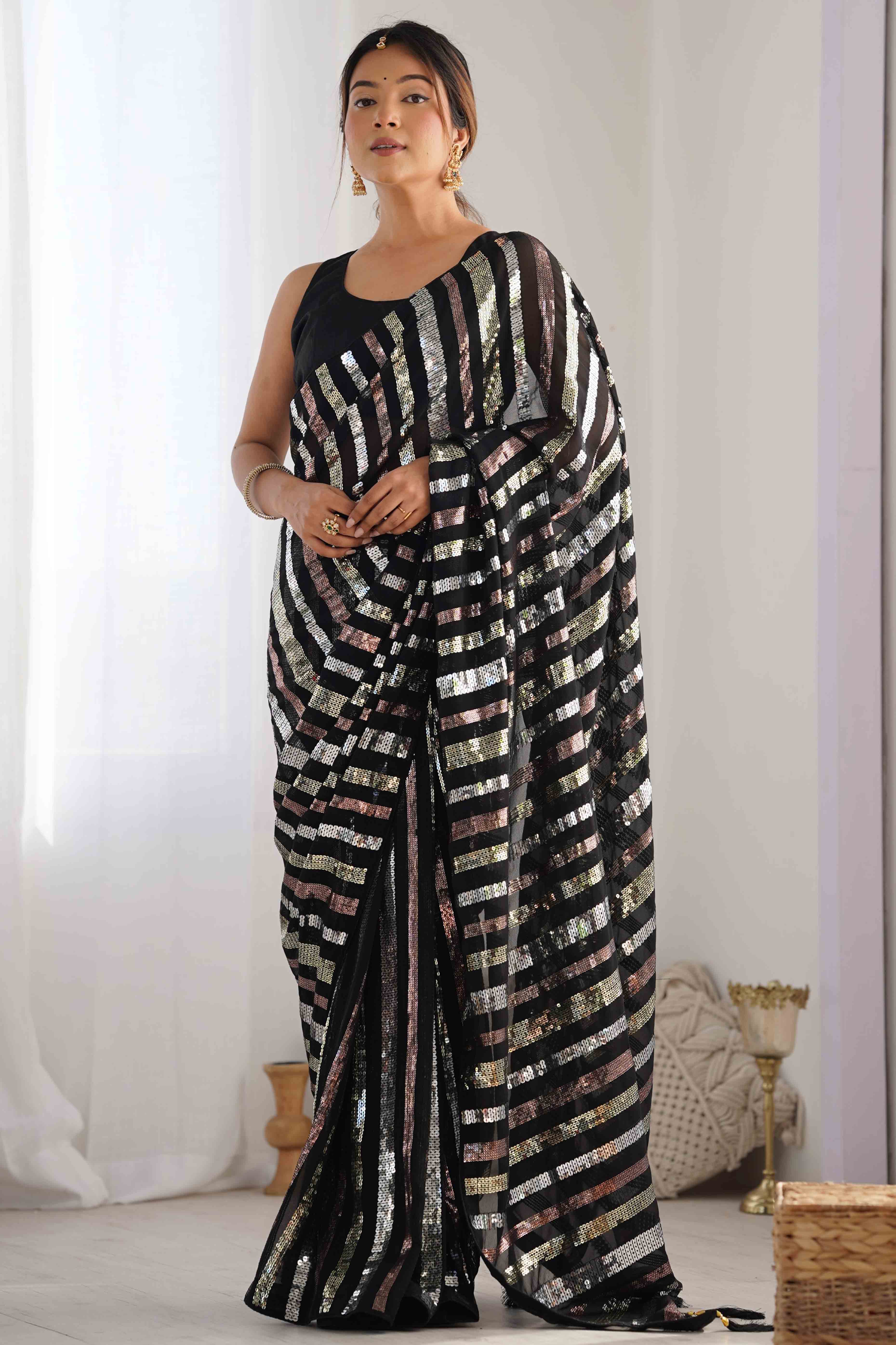 Black Sequins Embroidered Georgette Saree