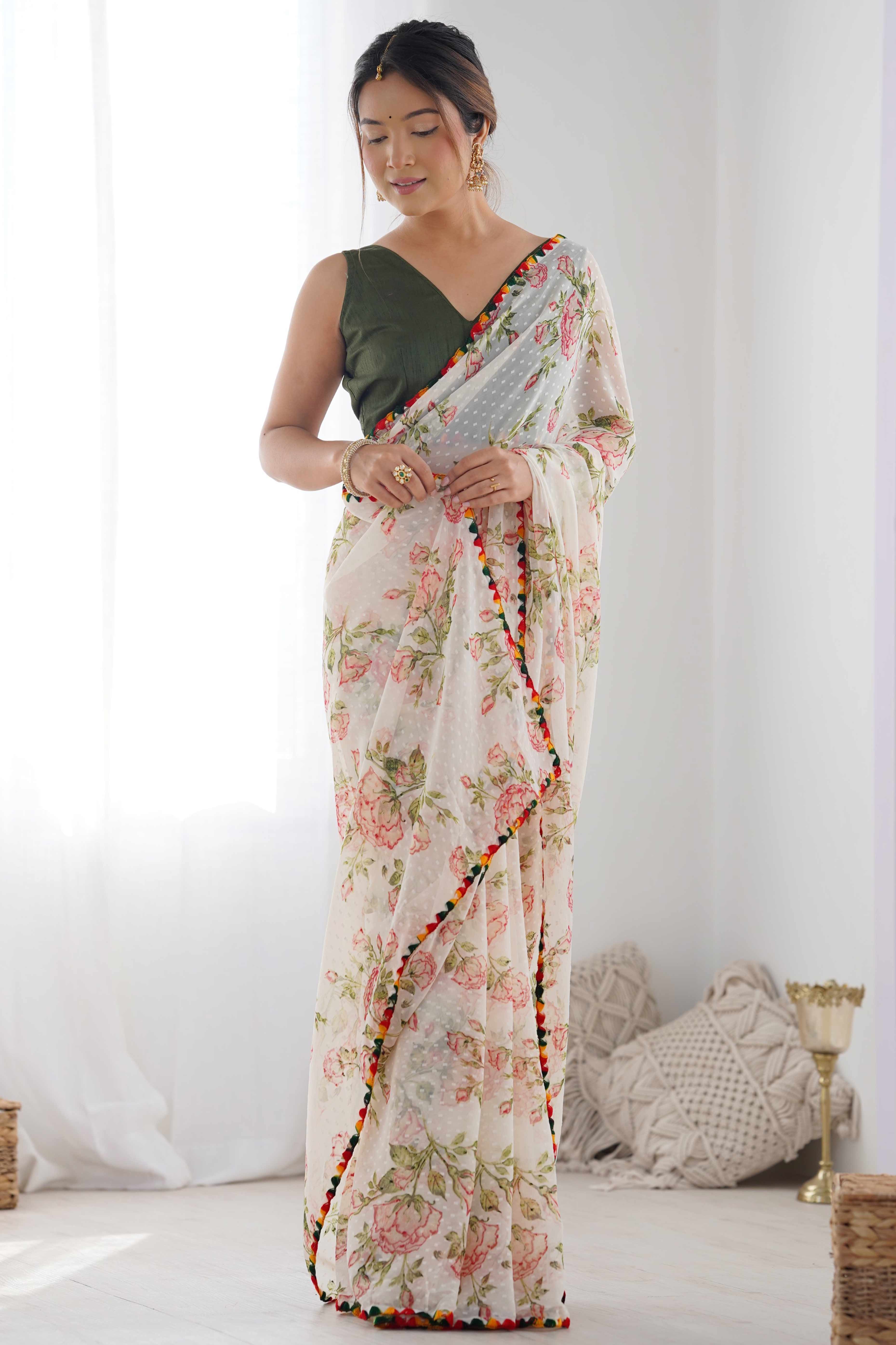 Off White Floral Printed Georgette Saree