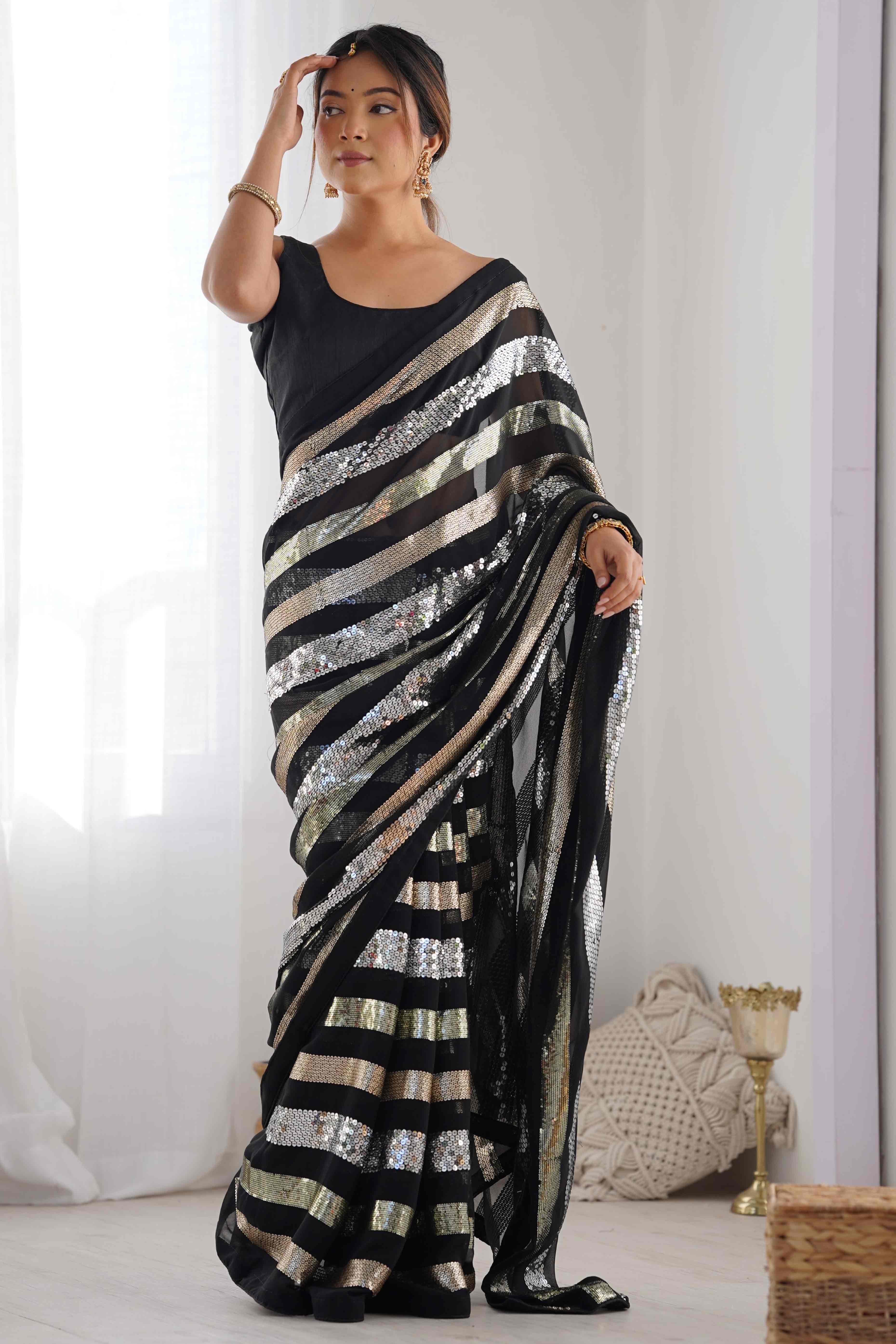 Black Sequins Embroidered Georgette Saree