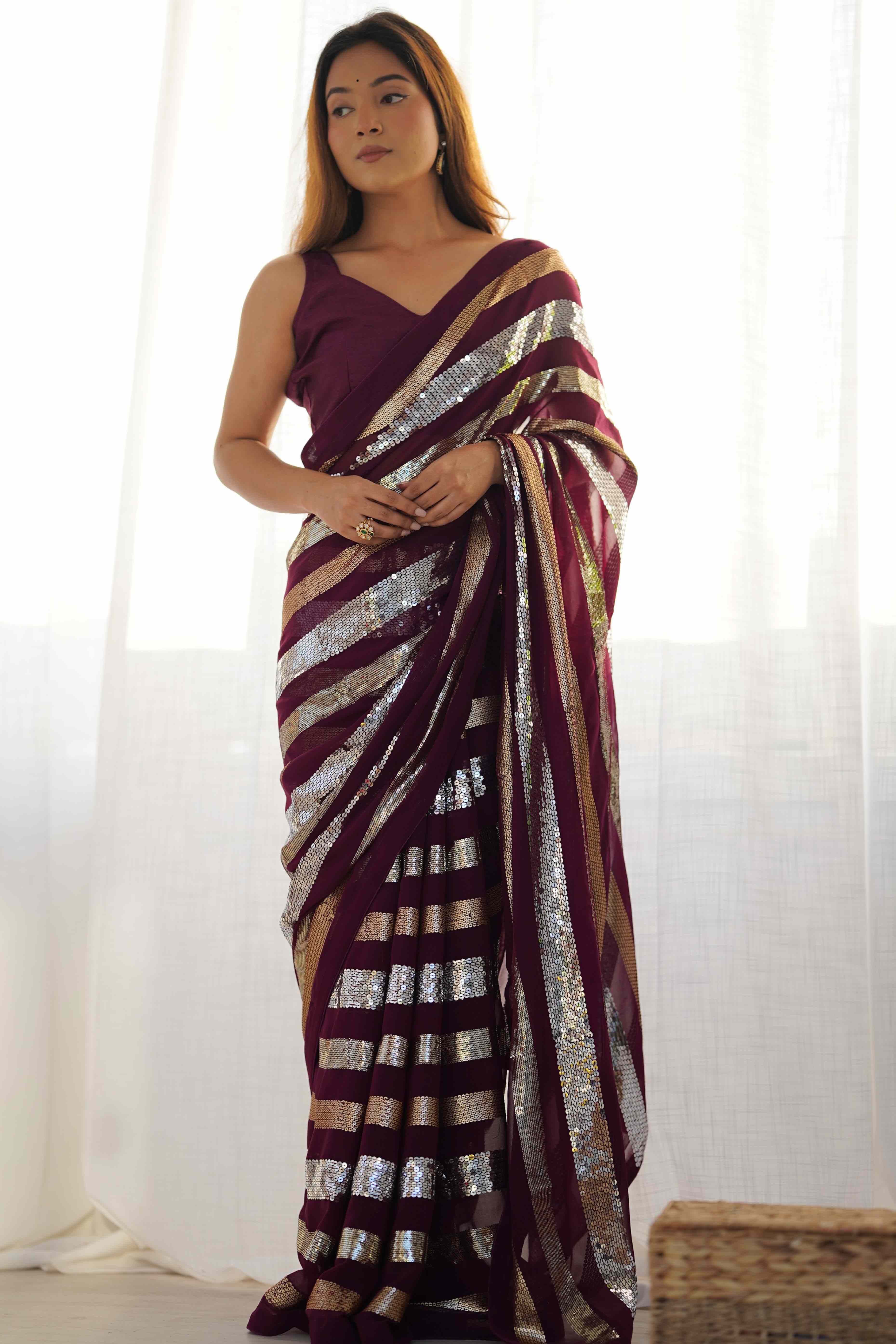 Wine Sequins Embrodered Georgette Saree