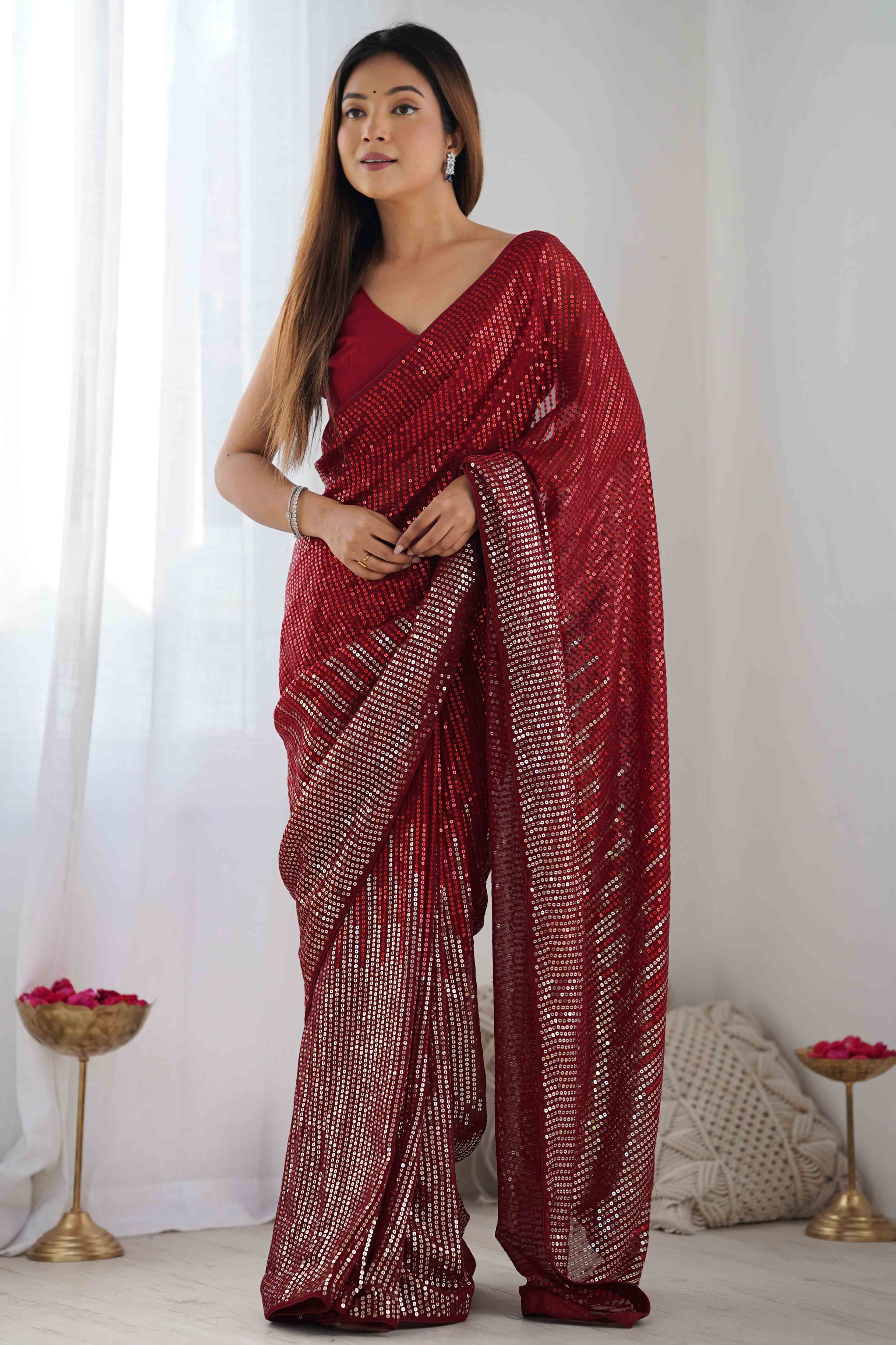 Maroon Sequins Embroidered Georgette Saree