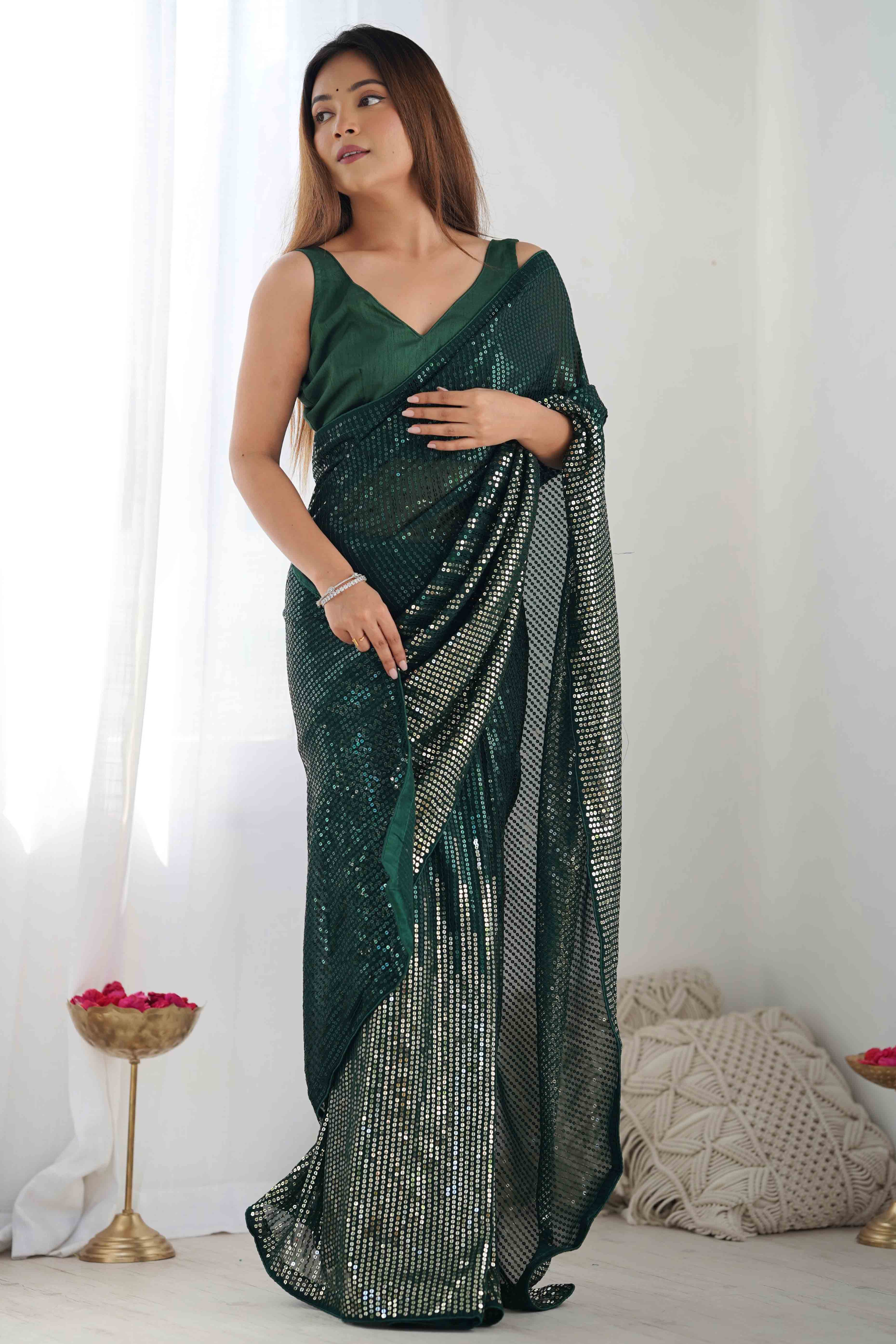 Green Sequins Embroidered Georgette Saree
