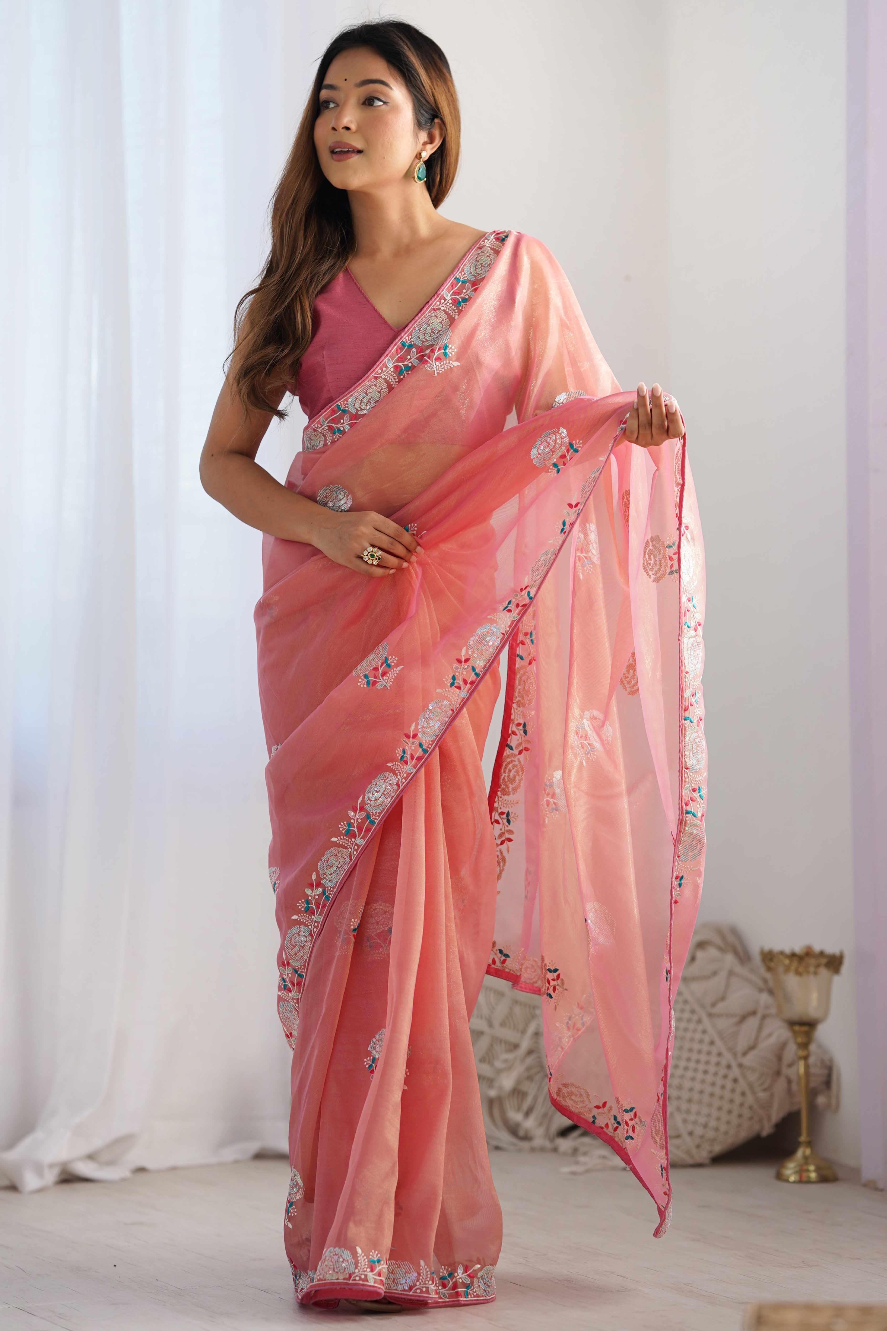 Peach Floral Embroidered Net Saree